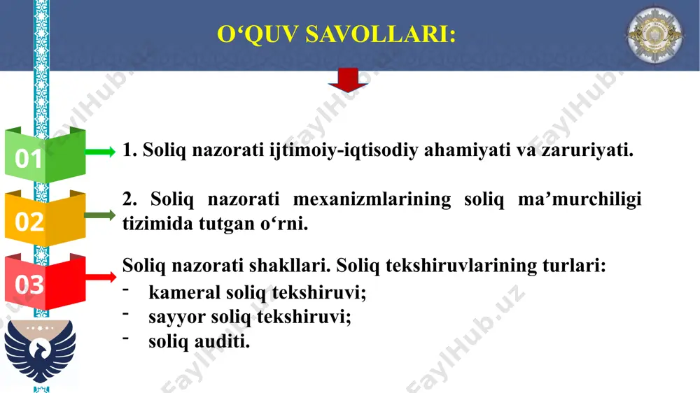 gi qonunchilikda nazarda tutilgan boshqa shakllari soliq organlari soliq nazoratini qanday amalga oshiradi? soliq tekshiruvi turlari soliq kodeksining 137-moddasi soliq nazorati shakllari (soliq kodeksining 136-moddasi) soliq monitoringgi kameral soliq tekshiruvi sayyor soliq tekshiruvi soliq auditi soliq toʻlovchilar uchun soliq monitoringi ixtiyoriy ravishda soliq organi tomonidan amalga oshiriladi. oldingi yil uchun daromadlari yillik moliyaviy hisobot maʼlumotlariga koʻra kamida oʻn milliard soʻmni tashkil etgan boʻlsa, soliq monitoringini oʻtkazish toʻgʻrisidagi ariza bilan soliq organiga murojaat qilishga haqli. soliq monitoringi ariza taqdim etgan yildan keyingi kalendar yil soliq monitoringi oʻtkaziladigan davrdir. soliq monitoringi 1-yanvaridan boshlanadi va soliq monitoringi oʻtkazilgan davrdan keyingi yilning 1-iyulida tugallanadi. (soliq kodeksi 19-bob. 169-modda) turlari qanday? oʻzbekistonda 2008-2020-yillarda soliq nazorati shakllarining solishtirma jadvali soliq nazorati shakllari oʻrq-136 oʻrq-599 soliq nazorati shakllari soliq toʻlovchilarni hisobga olish 1 1 soliq tekshiruvlari soliq solish obyektlarini va soliq solish bilan bogʻliq obyektlarni hisobga olish 2 byudjetga va davlat maqsadli jamgʻarmalariga tushumlarni hisobga olish 3 …