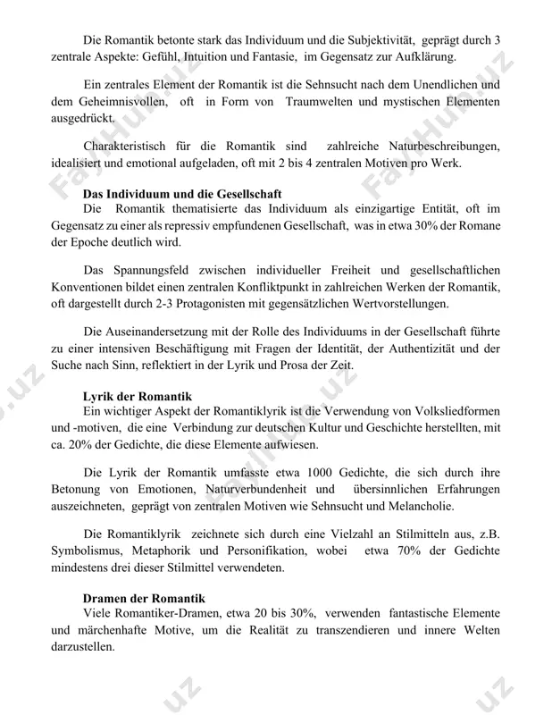 nach dem unendlichen und dem geheimnisvollen, oft in form von traumwelten und mystischen elementen ausgedrückt. charakteristisch für die romantik sind zahlreiche naturbeschreibungen, idealisiert und emotional aufgeladen, oft mit 2 bis 4 zentralen motiven pro werk. das individuum und die gesellschaft die romantik thematisierte das individuum als einzigartige entität, oft im gegensatz zu einer als repressiv empfundenen gesellschaft, was in etwa 30% der romane der epoche deutlich wird. das spannungsfeld zwischen individueller freiheit und gesellschaftlichen konventionen bildet einen zentralen konfliktpunkt in zahlreichen werken der romantik, oft dargestellt durch 2-3 protagonisten mit gegensätzlichen wertvorstellungen. die auseinandersetzung mit der rolle des individuums in der gesellschaft führte zu einer intensiven beschäftigung mit fragen der identität, der authentizität und der suche nach sinn, reflektiert in der lyrik und prosa der zeit. lyrik der romantik ein wichtiger aspekt der romantiklyrik ist die verwendung von volksliedformen und -motiven, die eine verbindung zur deutschen kultur und geschichte herstellten, …
