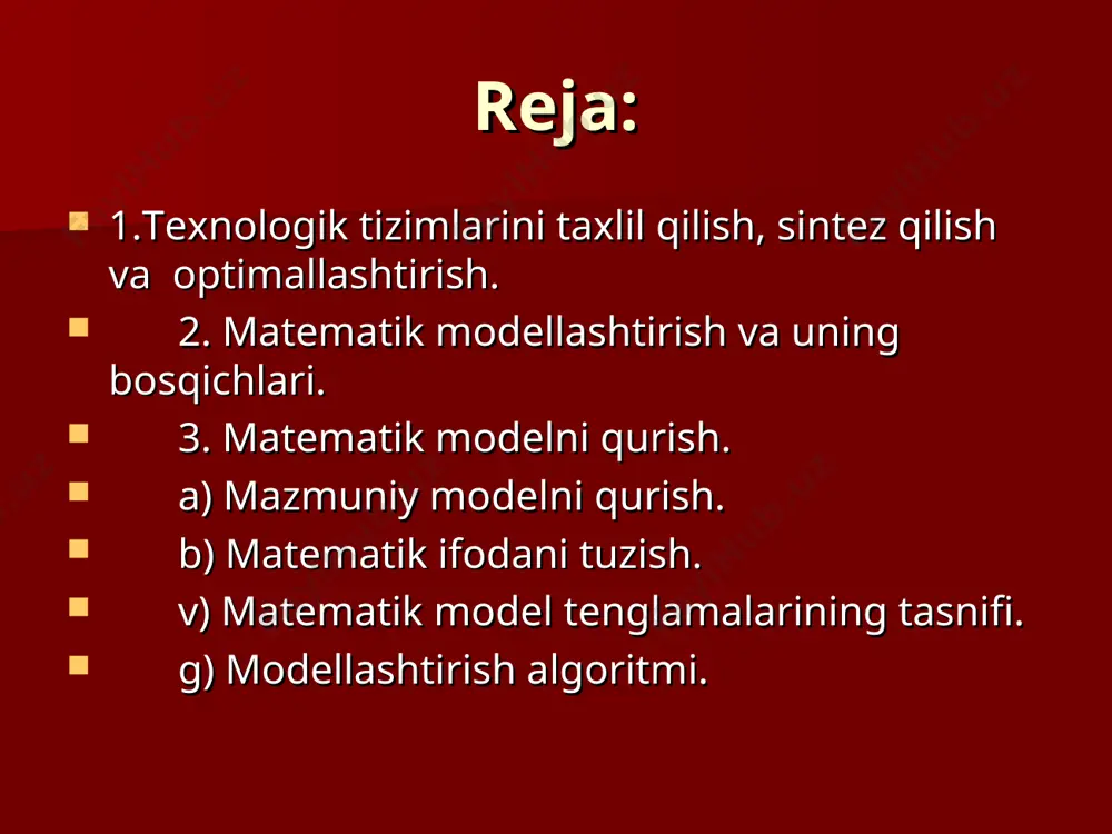 zimlarning optimallashtirish, tahlil qilish va sintez qilish masalalarini yechish mumkin. ehm ni texnologik jarayonlari va tizimlarini tadqiq qilishda qo‘llash matematik modellashtirish odatda texnologik ob’ektni o‘rganishda ma’lum qiyinchiliklar bo‘lsa, unda modellashtirish usullari qo‘llaniladi (masalan, ob’ektning xavfsizligi bo‘yicha tajriba o‘tkazish mumkin bo‘lmasa). modellashtirilayotgan ob’ekt xususiyatlarini uning modelida olingan anologik xususiyatlarni tahlil qilish yo‘li bilan o‘rganishga modellashtirish deyiladi. bunda model va ob’ekt o‘xshash bo‘lishi kerak. odatda o‘xshashlik fizik va matematik bo‘ladi. fizik modellashtirishda, ob’ekt xususiyatlari kichik masshtabli moslamalarda o‘rganilib, u ob’ektni o‘rganishni kam xarajatlar bilan o‘tkazishga imkoniyat beradi. fizik modellashtirishda ob’ektning ba’zi bir xususiyatlari modelda olingan natijalardan farqli bo‘lishi mumkin.shuning uchun odatda fizik modellashtirishda odingan natijalarni to‘g‘ridan-to‘g‘ri ob’ekt uchun qo‘llab bo‘lmaydi.