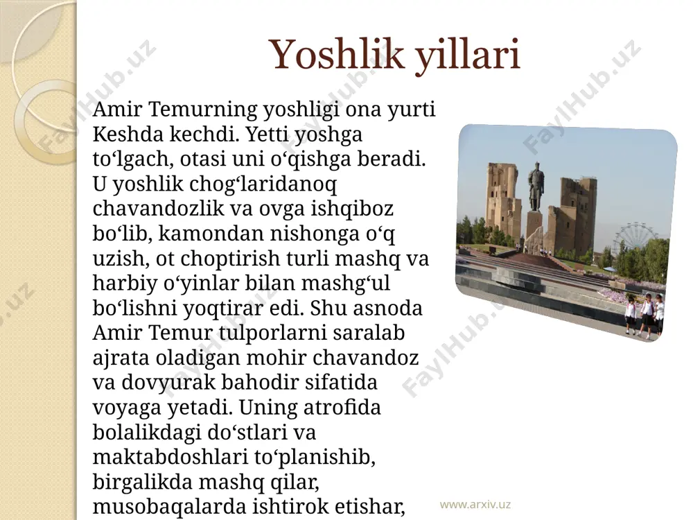 loyat hukmdori malik qutbiddinning tarafida turib, mekroniylar bilan bo‘lgan to‘qnashuvda, amir temur o‘ng kifti va o‘ng oyog‘idan jarohatlandi. nihoyat, ilyosxo‘ja boshliq jeta lashkalari bilan bir necha marta jang qilib, mo‘g‘ullarni movarounnahr hududidan 1364-yil oxirida quvib chiqarishga muvaffaq bo‘ladi. biroq, ilyosxo‘ja 1365-yili bahorida turkiston ustiga qo‘shin tortadi. toshkent va chinoz o‘rtasida sodir bo‘lgan “loy jangi”da amir husaynning hiyonati oqibatida amir temur qo‘shinlari mag‘lubiyatga uchraydi. www.arxiv.uz samarqandni o‘z qo‘liga olgan mo‘gullarga qarshi xalq ko‘tarilib, shahar mudofasini o‘z qo‘liga olgan sarbadorlar mog‘ullarni mamlakatdan butunlay haydab chiqardi. bundan xabar topgan amir husayn tomonidan sarbadorlar boshliqlari qatl ettiriladi. natijada, 1366-yili amir husayn movarounnahrda hokimiyatni o‘z qo‘liga oladi, ammo ko‘p o‘tmay amir husayn va amir temur o‘rtasidagi munosabat keskinlashib ochiqdan-ochiq nizoga aylanadi. ular o‘rtasida 1366-70-yillarda bir necha bor to‘qnashuvlar bo‘lib o‘tadi. amir husaynga qarshi balxga yo‘l olayotgan amir temur termiz yaqiniga kelganda makkalik shariflardan sayyid baraka amir temur faoliyatini qo‘llab quvvatlab, unga oliy hokimiyat ramzi katta …