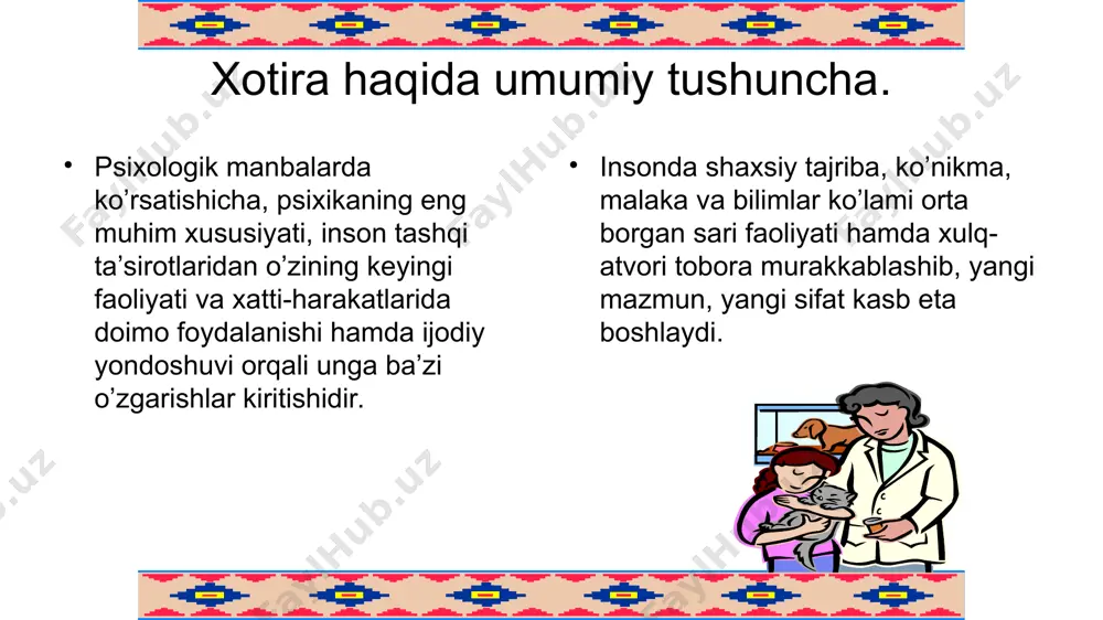 a biz biror-bir materialni o’qiydigan bo’lsak, uni hech bir o’zgarishsiz eslab qolishga harakat qilamiz. inson xotirasining yaxshi bo’lishi, ya’ni his-kechinmalarimiz, ko’rgan-kechirganlarimizning mazmuni to’laroq miyamizda saqlanishi quyidagi omillarga bog’liq: esda saqlab qolish bilan bog’liq harakatlarning yakunlanganlik darajasi. shaxsning o’zi shug’ullanayotgan ishga nechog’lik qiziqish bildirayotganligi va shu ishga moyilligi. shaxsning bevosita faoliyat mazmuni va ahamiyatiga munosabatining qandayligi. shaxsning ayni paytdagi kayfiyati. irodaviy kuchi va intilishlariga. xotiraning samaradorligi eslab qolishning ko’lami va tezligi, esda saqlashning davomiyligi, esga tushirishning aniqligi bilan bog’lanadi. demak, odamlar aynan shu sifatlariga ko’ra ham farqlanadi: materialni tezda eslab qoladiganlar. materialni uzoq vaqt esda saqlaydiganlar. istagan paytda osonlik bilan esga tushiradiganlar. m a n t i q i y e m o t s i o n a l ko’rgazmali-obrazli fenomenal xotira xotira xotiraning 8 qonuni. anglanganlik qonuni assotsiyalar qonuni qiziqish qonuni ilgarigi bilimlar qonuni eslab qolishga tayyorgarlik qonuni birin-ketinlik qonuni kuchli ta’sirotlar qonuni tormozlanish qonuni foydalanilgan adabiyotlar. v. karimov …