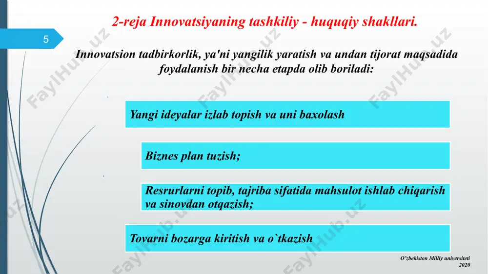 ko'rsatish mumkin. ma'lumki, innovatsiya (ingl. “innovation” - yangilik, novatorlik) – faoliyatda yangi texnologiya, mahsulot va xizmatlar turlari, ishlab chiqarish, mehnat, xizmat ko'rsatish va boshqaruv ko'rinishidagi yangiliklarning qo'llanilishini anglatadi. 2017-2021 yillarda o'zbekiston respublikasini rivojlantirishning beshta ustuvor yo'nalishi bo'yicha harakatlar strategiyasini 2018 yilga mo'ljallangan “faol tadbirkorlik, innovatsion g'oyalar va texnologiyalarni qo'llab-quvvatlash yili” davlat dasturida tadbirkorlik va innovatsion sohadagi istiqbolli loyihalarni moliyalashtirish mexanizmlarini rivojlantirish uchun venchur fondlarning huquqiy maqomi va ularni tashkil etish tartibi, venchur kompaniyalar va fondlar, venchur fondlarni boshqarish bilan shug'ullanuvchi kompaniyalar hamda innovatsion korxonalar faoliyatini tartibga solish, venchur kompaniyalar va fondlar uchun malakali boshqaruv va ekspert kadrlarni tayyorlash, venchur loyihalarni sug'urtalash bo'yicha normativ-huquqiy hujjat loyihalarini ishlab chiqish belgilangan. kichik biznesda innovatsiyalarning nisbatan oson joriy etilishini, jumladan quyidagilar bilan izohlash mumkin. : o’zbekiston milliy universiteti 2020 20 kichik biznesda iqtisodiy faoliyat ko'lamining ixchamligi unda innovatsion yondoshuvlarni amalga oshirishning nisbatan qulayligi va kam xarajat talab etishiga imkon yaratadi; kichik biznes korxonalari tashkiliy …