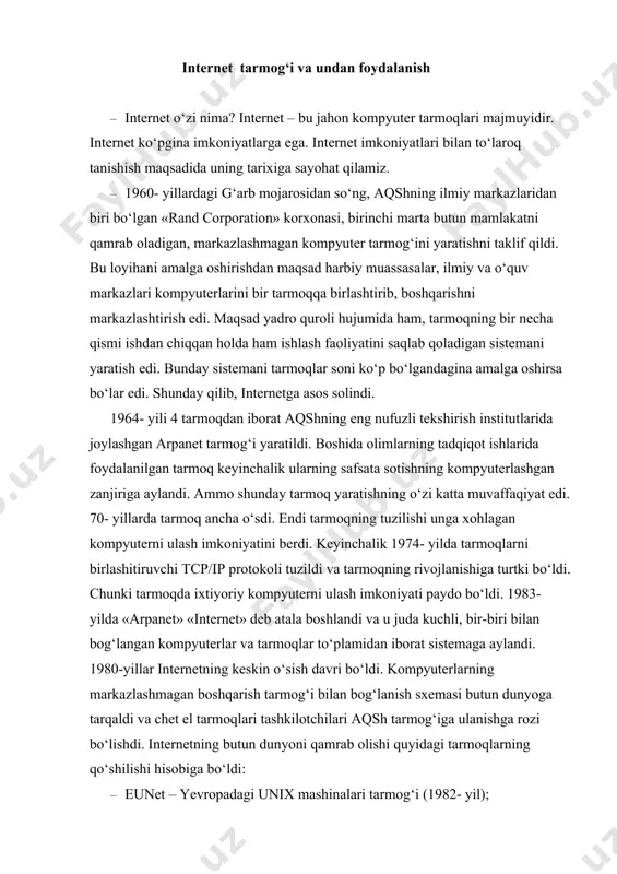 . kompyuterlarning markazlashmagan boshqarish tarmog‘i bilan bog‘lanish sxemasi butun dunyoga tarqaldi va chet el tarmoqlari tashkilotchilari aqsh tarmog‘iga ulanishga rozi bo‘lishdi. internetning butun dunyoni qamrab olishi quyidagi tarmoqlarning qo‘shilishi hisobiga bo‘ldi: · eunet – yevropadagi unix mashinalari tarmog‘i (1982- yil); · earn – yevropa o‘quv va ilmiy tekshirish muassasalarining tarmog‘i (1983- yil); · junet – yaponiyadagi unix mashinalarining tarmog‘i (1984- yil); · janet – buyuk britaniyaning birlashgan akademik tarmog‘i (1984- yil). 1980- yillar davomida aqshning eng tanilgan korxonalari ns fnet prinston, pitteburg, kaliforniyaning santa-barbara universiteti va kornell universitetida beshta superkompyuter markazlarini tashkil etishdi. bu besh markazni aqshda «internet backbone» (internet asosi) deb atashadi. nsfnet 56 kbit/s tezlikda axborot uzata olish qobiliyatiga ega edi. ikki yil ichida internetning kengayishi va unga bo‘lgan talabning o‘sishi 1988- yili nsfnet tarmog‘ining yangilanishiga va uzatish tezligining 1,544 mbit/s gacha oshishiga sababchi bo‘ldi. 1987- yili internetra ulangan kompyuterlar soni 10 000 ta bo‘lgan bo‘lsa, 1989-yili 100 …