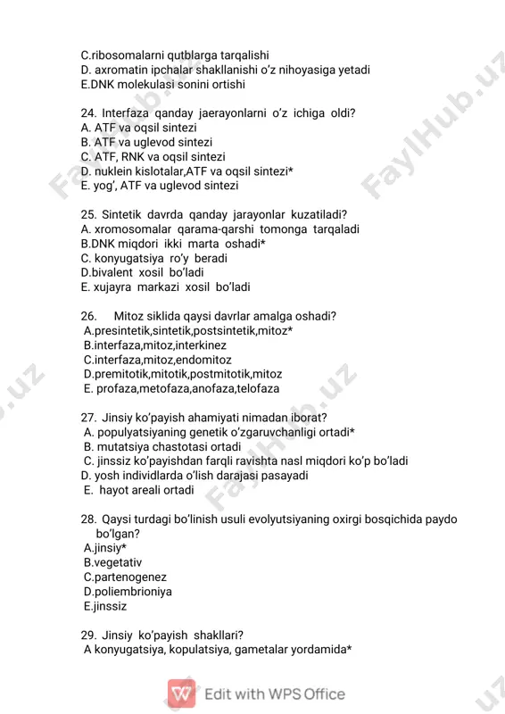 tut ipak qurti* 36. gametagenezning qaysi davrida meyoz jarayoni sodir bo`ladi? a.yetilish* b.interfaza c.ko`payish d.o`sish e.shakllanish 37. gametagenezning o`sish davrida hosil bo`lgan hujayralar qanday nomlanadi? a.spermatosit,ovotsit(1-tartibli)* b.spermatosit,ovogoniy c.spermatosit,1-tartibli ovotsit d.spermatosit va ovotsit (2-tartibli) e.spermatid va ovotsit 38. gametagenezning o`sish davridagi dnkmiqdori va xromasoma to`plami ? a.2n, 4c* b.2n, 2c c.n, 2c d.n, c e.2n, c 39. i tartibli spermatositdan qancha hujayra hosil bo`ladi? a. 1 b. 3 c. 2* d. ko`p e. 4 40. ovogenezda meyozning shunday bosqichi borki bu bosqich spermatogenezda bo`lmaydi.bu qaysi bosqich? a.leptonema b.zigonema c.diktiotena d.paxinema e.diplonema* 41. ovogenezning diakinez davriga o`tish qaysi vaqtda kuzatiladi? a.ko`payish b.o`sish c.yetilish* d.shakllanish e.bo`linish 42. gametagenez bosqichlarini tartibli ko`rsating. a.o`sish,ko`payish,shakllanish,yetilish b.ko`payish,o`sish,shakllanish,yetilish c.ko`payish,yetilish,shakllanish,o`sish d.ko`payish,o`sish,yetilish,shakllanish* e.o`sish,klo`payish,yetilish,shakllanish 43. ovogoniylar qaysi vaqtda vujudga keladi? a. embrional davr* b. balog`atga yetish davrida c. tuxum hujayra yetilishida d. tug`ilgandan keyin e. bachadon nayida 44. krossingover hodisasi meyozning qaysi fazasida bo`ladi? a.profaza i* b.profaza ii c.metafaza i d.metafaza …
