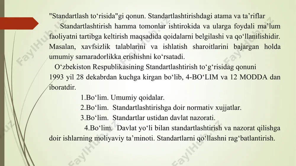 f-xatarini hisobga olgan holda xalq xo‘jaligi ob’ektlarining xavfsizligini ta’minlash: iste’molchilarni ishlab iqarayotgan mahsulot nomenklaturasi hamda sifati to‘g‘risida to‘liq va ishonchli axborot bilan ta’minlash: mudofaa qobiliyatini va safarbarlik tayyorligini ta’minlash o‘lchovlarning yagona birlikda bo‘lishini ta’minlashdan iboratdir. standartlashtirish tizimi. o‘zbekiston respublikasida standartlashtirish ishlarini o‘tkazishning umumiy tashkiliy-texnik qoidalarni tartibga solib turuvchi standartlashtirish tizimi faoliyat ko‘rsatadi. standartlashtirish ishlarini tashkil etish , muvofiqlashtirish va ta’minlashni: xalq xo‘jaligi tarmoqlarida – o‘zbekiston standartlashtirish, metrologiya va sertifikatlashtirish agentligi (o‘zstandart agentligi): qurilish, qurilish industriyasi sohasida , shu jumladan loyihalash va konstruksiyalashda – o‘zbekiston respublikasi davlat arxitektura va qurilish qo‘mitasi: tabiiy resurslardan foydalanishni tartibga solish hamda atrof muhitni ifloslanishdan va boshqa zararli ta’sirlardan muhofaza qilish sohasida – o‘zbekiston respublikasi tabiatni muhofaza qilish davlat qo‘mitasi: tibbiyot uchun mo‘ljallangan mahsulotlar, shu jumladan tibbiyot uchun mo‘ljallangan buyumlar, tibbiy texnik buyumlari, dori vositalari sohasida , shuningdek o‘zbekiston respublikasida ishlab chiqarilayotgan, shu jumladan import bo‘yicha yetkazib berilayotgan mahsulotlarda inson uchun zararli moddalar mavjudligini aniqlash masaklalarida …