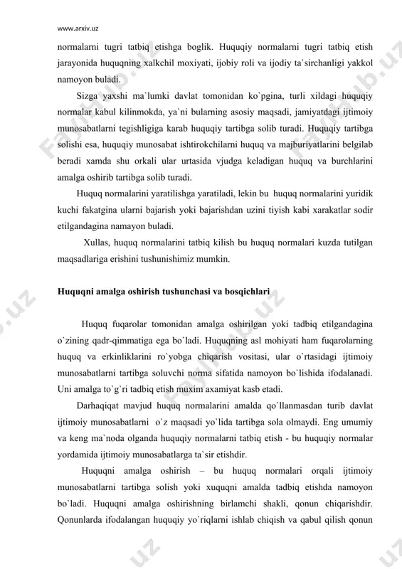 q etish - huquqiy normalrni amalga oshirish demakdir deyishadi. ayrim olimlarning fikricha huquq normalarni tatbiq etish - bu huquq normalrni amalga oshirishning shakli, usuli deb tushunadilar. huquqni amalga oshirish jamiyat huquqiy xayotining muxim tomonidir. binobarin, uning xarakterida konunchilikning chinakam demokratizmi va mustaxkamlanishining aks etish darajasi kо`rinadi. huquqiy davlatda huquqni amalga oshirishning xar tomonlama tо`liq, samarali va foydali bо`lishi xamisha davlatning diqqat markazida turadi. demokratik davlatda huquqiy normalarni samarali amalga oshirish ishning muvaffakiyatini ommaning huquqiy tarbiyasini kuchaytirishda va huquqiy madaniyatini yuksaltirishda deb biladi. huquqiy normani amalga oshirish shakllarini kuyidagicha tasniflash mumkin: 1. huquqiy normani tatbiq etish; 2. huquqiy normadan foydalanish; 3. huquqiy normaga rioya kilish. huquqiy normani tatbiq etish odatda vakolatli davlat organlari va jamoat tashkilotlari tomonidan amalga oshiriladi. albatta xar bir huquqiy norma qat`iy о`rnatilgan tartibda tatbiq etiladi. buning uchun davlat organi muayan huquq va majburiyatlarni amalga oshiradi. huquqiy normadan foydalanish- odatda huquqiy normadan foydalanishda huquqiy tartibga solinayotgan ijtimoiy munosabat …