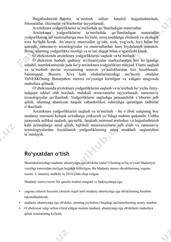 arini ta’mirlash jarayoni bir necha bosqichlardan iborat: dastlabki tadqiqotlar: yodgorlikning tarixi, arxitekturasi, konstruktiv xususiyatlari va hozirgi holati o‘rganiladi. materiallar tahlili, geologik va gidrogeologik tadqiqotlar o‘tkaziladi. loyiha-smeta hujjatlarini tayyorlash: tadqiqot natijalariga asoslanib, ta’mirlash loyihasi ishlab chiqiladi. loyihada ta’mirlash usullari, materiallar va ish hajmi aniq ko‘rsatiladi. tayyorgarlik ishlari: ta’mirlash maydoni tozalanadi, xavfsizlik choralari ko‘riladi, zarur materiallar va uskunalar yetkaziladi. konservatsiya ishlari: yodgorlikning saqlanib qolgan qismlarini mustahkamlash, ularni tashqi ta’sirlardan himoya qilish bo‘yicha ishlar olib boriladi. restavratsiya ishlari: yodgorlikning yo‘qolgan yoki shikastlangan qismlarini tiklash, unga asl ko‘rinishini qaytarish bo‘yicha ishlar amalga oshiriladi. obodonlashtirish ishlari: yodgorlik atrofidagi hududni obodonlashtirish, unga tutashgan infratuzilmani yaxshilash bo‘yicha ishlar olib boriladi. hujjatlashtirish: barcha ta’mirlash ishlari batafsil hujjatlashtiriladi, fotosuratlar, chizmalar va hisobotlar tayyorlanadi. arxitektura yodgorliklarini ta’mirlashda qo‘llaniladigan materiallar: arxitektura yodgorliklarini ta’mirlashda qo‘llaniladigan materiallar yodgorlikning asl materiallariga mos bo‘lishi, uzoq muddatga chidamli va ekologik toza bo‘lishi kerak. an’anaviy materiallar (g‘isht, tosh, yog‘och, loy) bilan bir qatorda, zamonaviy texnologiyalar va materiallardan …