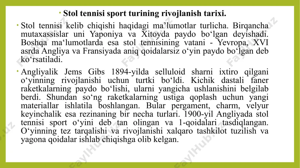 ammo bu hol o‘yindagi o‘zgarishlarga sabab bo‘lmadi. 1952-yilda bombeydagi jahon chempionatida yaponiyalik sportchi xirodzi sato bo‘rtma qoplamali raketkadan foydalanib, jahon chempioni bo‘lgan. yaponiya terma jamoasi o‘sha vaqtda jahon chempionatida ilk bor ishtirok qilgan va o‘zlarining shiddatkor hujum taktikalari tufayli yakkalik va jamoaviy bahslarda ko'plab medallarni qo‘lga kiritishgan. shu vaqtdan boshlab bo'rtma rezina qoplamali raketkalar butun yevropa bo‘ylab tarqala boshlagan va ushbu qit’a butun dunyo stol tennisi markaziga aylangan. ammo mutaxassislarning e’tirofiga ko‘ra, raketkaning yangi turdagi qoplamasi stol tennisinlng eng ommabop sport turiga aylanishiga yordam bermagan. chunki sharni raketkaning qalin bo‘rtma rezina qoplamasiga urilishi unga katta tezlik bergan va bu zarbani qaytarish juda murakkab bo‘lgan. shu tariqa o‘yinda ko‘plab uzilishlar paydo bo‘lib, o‘yin taqdiri oxirgi zarbaga bog‘liq bo‘lib qolgan. musobaqada kuch asosiy o‘ringa chiqqan, o‘yin texnikasi esa ikkinchi o‘ringa tushib ketgan, bu esa stol tennisining ommaviyligiga putur yetkazgan. shunga ko‘ra, 1959-yilda sportchilarga bo‘rtma qoplamali raketkalardan foydalanish ta’qiqlab qo‘yilgan. 1959-yildan boshlab ko‘piksimon …