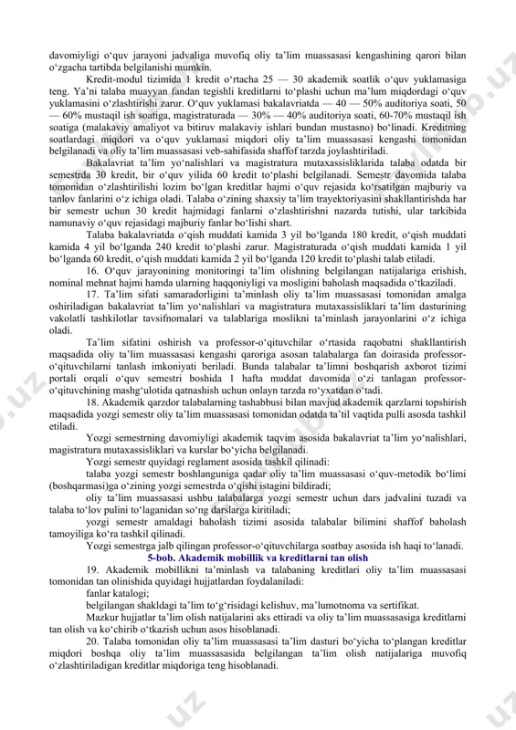 yo‘nalish (marshrut). ta’lim trayektoriyasi institutsional hujjatlar va yo‘riqnomalar yordamida tuzilishi hamda turli ta’lim trayektoriyalari natijada bir xil malaka olishga olib kelishi mumkin; ta’lim dasturi — bakalavriat ta’lim yo‘nalishi yoki magistratura mutaxassisligi bo‘yicha o‘quv jarayonini amalga oshirishga mo‘ljallangan ta’limning asosiy xususiyatlari (hajmi, mazmuni, rejalashtirilgan natijalar), tashkiliy-pedagogik shart-sharoitlar, fan dasturlariga quyilgan umumiy talablar, shuningdek, ta’limni tashkil etish va amalga oshirish uchun zarur bo‘lgan axborot-resurs va o‘quv-metodik ko‘rsatmalar majmui; ta’lim dasturi katalogi — oliy ta’lim muassasasi tavsifi, kredit-modul tizimiga kirish, mavjud bakalavriat ta’lim yo‘nalishlari va magistratura mutaxassisliklari, xizmatlar va resurslar, o‘quv fanlari dasturlari, aniq ta’lim dasturlari elementlari tavsifi to‘g‘risidagi axborot; ta’lim natijalari — talaba tomonidan o‘zlashtirilgan va baho bilan tasdiqlangan malaka darajasini aks ettiradigan, ta’lim jarayonini muvaffaqiyatli tugallagach talaba o‘zlashtirgan ko‘nikmalar va ularni amalda bajarish qobiliyatining tavsifi; o‘qish yuklamasi — talaba tomonidan o‘quv faoliyatining barcha turlari — ma’ruza, amaliy mashg‘ulot, seminar, laboratoriya ishi, kurs loyihasi (ishi), amaliyot va mustaqil ishni amalga oshirish asosida …