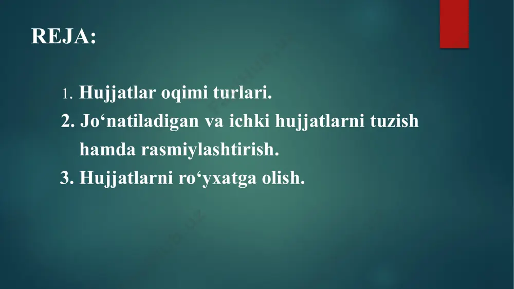 kiston respublikasi prezidenti administratsiyasi, o‘zbekiston respublikasi vazirlar mahkamasi va yuqori tashkilotlardan olingan hujjatlar kiradi. qolgan hujjatlar rahbar o‘rinbosarlariga ular o‘rtasida vazifalarning taqsimlanishiga muvofiq yo‘llanadi. kundalik tezkor ma’lumotlarni o‘z ichiga olgan, tayin bo‘linmaga yoki mansabdor shaxsga yo‘naltirilgan hujjatlar rahbariyatga ko‘rsatilmasdan o‘tkazilishi ham mumkin. bu rahbarni boshqa mas’ul ijrochilar ham hal qilishi mumkin bo‘lgan mayda-chuyda ishlardan ozod qilish imkoniyatini beradi. hujjatlarni dastlabki ko‘rib chiqish va ijro etuvchilarga berish ularning kelib tushgan kunida yoki, ish payti bo‘lmagan vaqtda kelib tushganda, birinchi ish kunida amalga oshirilishi kerak. bir necha tarkibiy bo‘linmalar tomonidan ijro etiladigan hujjatlar ularga navbat bilan yoki bir vaqtning o‘zida nusxalarda beriladi. hujjatning asli munosabat belgisida birinchi ko‘rsatilgan ijrochiga beriladi. hujjatlarni ko‘paytirish zarurati va nusxalar soni ijroni tashkil etuvchi shaxs tomonidan belgilanadi. jo‘natma hujjatlarni ishlash va jo‘natish, amaldagi pochta qoidalariga muvofiq, markazlashtirilgan holda devonxona tomonidan bajariladi. xatjildga joylashtirishdan avval hujjatlarning to‘g‘ri rasmiylashtirilganligi, ilovaning borligi va bus-butunligi, nusxalar sonining oluvchilar soniga muvofiqligi tekshiriiadi. …