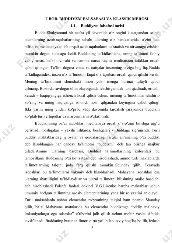 (yadrichchavada) ishonishning noto‘g‘riligini ko‘rsatdi. “barcha qarama-qarshiliklarni olib tashlash va ularni hamma narsaning boʻshligida yechish” koʻrinishidagi oʻrta yoʻl haqidagi taʼlimotni madxyamaka maktabiga (lit. “oʻrta”) asos solgan nagarjuna yanada rivojlantirdi. buddistlarning “eng chuqur sirning tugunini yechish sutrasi” (sandhinirmochana)da. dxarma g‘ildiragining uchta burilishi haqidagi mashhur ta’limot e’lon qilingan, unga ko‘ra. birinchi burilish paytida budda to‘rt ezgu haqiqat va sababga bog‘liq kelib chiqishi haqidagi ta’limotni targ‘ib qilgan (bu burilish xinayana ta’limoti bilan bog‘liq); ikkinchi burilishda budda barcha dxarmalarning bo‘shlik va mohiyati yo‘qligi haqidagi ta’limotni targ‘ib qildi (bu burilish madhyamaka maktabining prajna-paramita maktabi ta’limoti bilan bog‘liq bo‘lib, ular prajna-paramita sutralarini yakuniy deb hisoblaydilar. va uchinchi navbatning sutralari faqat oraliq. uchinchi burilish davrida budda “birgina ong” ta’limotini targ‘ib qilgan, unga ko‘ra “uch olam ham faqat ongdir” (sutra eng to‘liq va yakuniy deb tavsiflangan bu burilish bilan bog‘langan. yogacara maktabining ta’limotlari bilan). “tug‘ilish orqali” ta’limotiga ergashish mumkin emas, siz faqat uchta marvarid sifatida tushuniladigan “panoh” ni ongli …