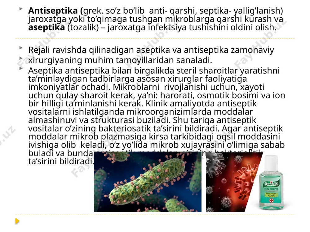alliy qo’llaniladi (shilliq kavatlarga). aseptika deb jarohatga infeksiya tushmasligi uchun ko’riladigan chora-tadbirlar sistemasiga aytiladi. aseptika deganda jarrohlik uchun ishlatiladigan asbob-anjomlarda, turli xil matolarda infektsiyalarni batamom yo’q qilishi yoki sterilizatsiya qilish tushuniladi. image2.jpeg image3.jpeg image4.png image5.jpeg image6.png image7.jpeg image8.jpeg image9.jpeg image10.jpeg image11.jpeg image12.jpeg image13.jpeg image14.jpeg image15.png image16.png image17.png image18.jpeg image19.jpeg image20.jpeg /docprops/thumbnail.jpeg