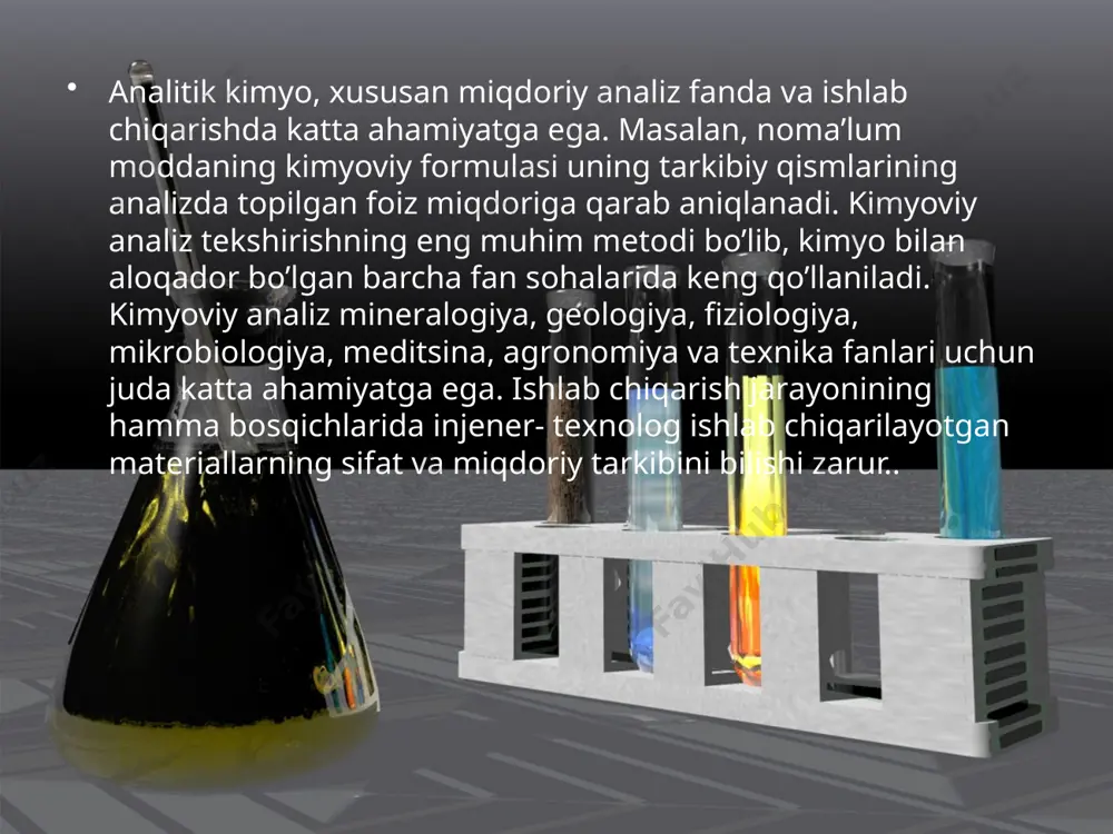nlarning mavjudligi aniqlanadi. miqdoriy analizda murakkab modda tarkibidagi elementlarning miqdori massa protsenti aniqlanadi. masalan, ammofos tarkibida р2о5 dan m % borligi aniqlanadi. sifat analizida asosan almashinish reaktsiyasiga duch kelinadi. ularning amalga oshishi bir qancha omillarga bog’liq. reaktsiyani amalga oshiruvchi omillardan biri reaktsiya natijasida hosil bo’layotgan mahsulotlardan birining kam eruvchan bo’lishidir, masalan: agno3 + naci = agci + nano3 analitik kimyoda reaktiv sifatida ko’p ishlatiladigan ba‘zi bir organik reaktivlar ustida to’xtalib o’tamiz. -nitroza -naftol с10н6(no)(oh) –ilinskiy reaktivi deb ham ataladi. undan kobalt ionini aniqlashda foydalaniladi. bu reaktivning sirka qislotali eritmasi neytral kobalt tuzi eritmasidan со3+ kationi bilan со[с10н6(no)o]3 tarkibli qizil –kungir rang kompleks birikma hosil qiladi va bu birikma cho’kmaga tushadi. ko’pgina organik reaktivlvr ayrim ionlar uchun xususiy reaktivlar yordamida analiz uchun berilgan eritmaning bir qismi bilan to’g’ridan to’g’ri analitik reaktsiya o’tkazish mumkin. shuning uchun ham kishlok xujaligi praktikasida tuprok usimlik va hayvon organizmidagi mikroelementlar miqdorini aniqlashda organik reagentlardan foydalaniladi. e`tiboringiz …