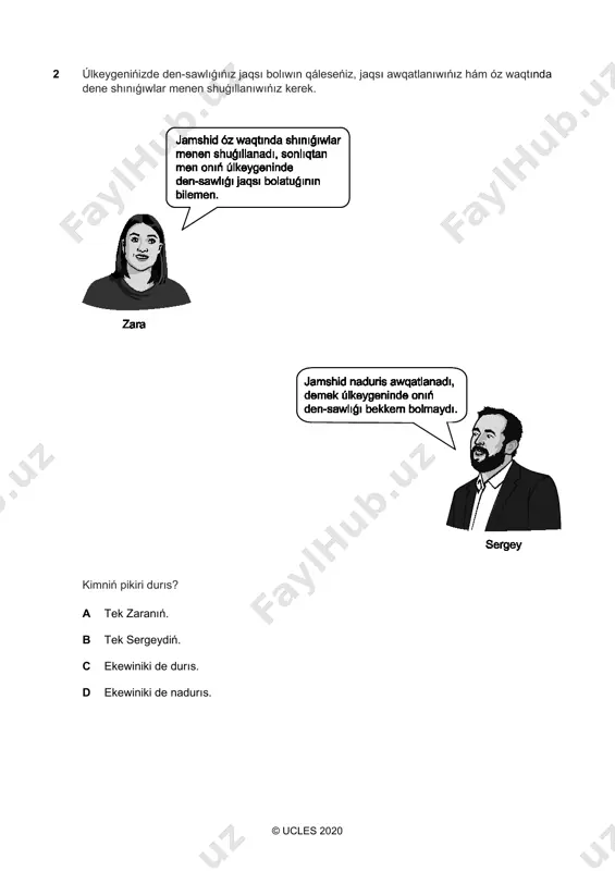 karim de oynaytuǵınlıǵın bilemiz. demek, bizler aziz hám karimniń oynaytuǵınlıǵın bilemiz. © ucles 2020 4 tańlap alınǵan bir topar teletamashagóyler arasındaǵı voleyboldı jaqsı kóretuǵınlardıń hámmesi lıyja menen júriw jarısların da unatadı. lıyja menen júriwdi unatatuǵınlardıń hámmesi velosiped jarısların da jaqsı kóredi. bıraq lıyja menen júriwdi unatatuǵınlardıń hesh birewi gimnastikanı jaqsı kórmeydi. joqarıdaǵı maǵlıwmat tiykarında tómendegilerdiń qay birewi durıs bolıwı múmkin? a egerde dawran velosiped jarısların jaqsı kórse, demek, ol lıyja menen júriwdi de jaqsı kóredi. b egerde aybek voleyboldı jaqsı kórmese, demek, ol lıyja menen júriwdi de jaqsı kórmeydi. c egerde djes voleyboldı jaqsı kórse, demek, ol gimnastikanı jaqsı kórmeydi. d egerde afifa velosiped jarısların jaqsı kórse, demek, ol voleyboldı da jaqsı kóredi. durıs juwap: b. dálillew. voleyboldı jaqsı kóretuǵınlardıń hámmesi lıyja menen júriwdi de jaqsı kóredi. demek, egerde aybek voleyboldi jaqsı kórmese, ol lıyja menen júriwdi de jaqsı kórmeytuǵınlıǵı durıs boladı. © ucles 2020 másele sheshiw sheberligi 1 men …