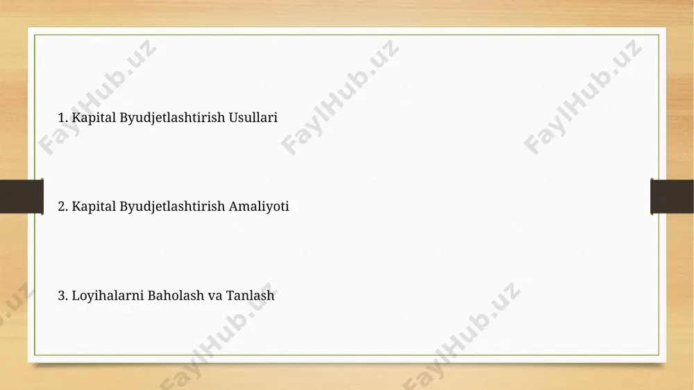 niq prognoz qilinishi juda muhim, chunki 5% xatolik ham natijaga sezilarli ta'sir qilishi mumkin. npv usulida 10% diskont stavkasidan foydalanib, loyihaning npv qiymati 50000 so'mni tashkil etsa, bu loyihani iqtisodiy jihatdan maqbul deb hisoblash mumkin. ichki foyda koeffitsiyenti (irr) usulini qo'llash bir nechta o'zaro bog'liq bo'lmagan loyihalarni baholashda, irr usuli ularning har birining alohida rentabelligini aniqlash va eng yuqori irr ga ega loyihani tanlashda yordam beradi, masalan, 20% va 15% irr ga ega bo'lgan ikkita loyiha o'rtasida tanlov qilishda. ichki foyda koeffitsiyenti (irr) usuli loyihalarning rentabelligini aniqlashda, masalan, 15% dan yuqori irr ga ega bo'lgan loyihalarni tanlashda qo'llaniladi va bu minimal talab qilinadigan daromadlilik darajasidan yuqori bo'lishini bildiradi. sezgirlik analizi va noaniqlik noaniqlik sharoitida, ehtimollik taqsimotidan foydalanib, turli xil natijalar ehtimoli (masalan, 20% ehtimol bilan npv -5 mln so'm, 80% ehtimol bilan npv +10 mln so'm) baholanadi. sezgirlik tahlili, loyihaning asosiy parametrlari (masalan, investitsiya hajmi, foydalanish muddati) o'zgarishi natijasida npv …