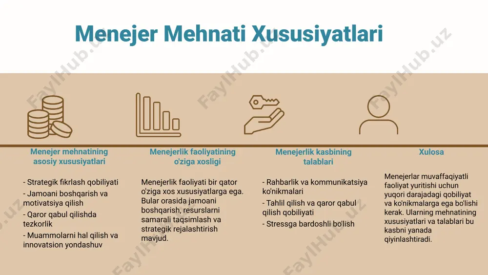 logiyalarning rivojlanishi kiritilgan. bu omillar menejerlarning qaror qabul qilish jarayonlarini tezlashtirib, yangicha yondashuvlarni talab qiladi. menejerlar faoliyatidagi o'zgarishlar pozitiv jihatdan innovatsiyalarni joriy etish va samaradorlikni oshirishga olib keladi. biroq, bu o'zgarishlar stress va ish yukining ortishiga ham sabab bo'lishi mumkin, bu esa xodimlar o'rtasida muammolarni keltirib chiqarishi mumkin. umumiy tushuncha menejer mehnatini tashkil etish mexanizmi - bu menejerning ish jarayonini samarali rejalashtirish, tashkil etish, boshqarish va nazorat qilish jarayonlarini o'z ichiga oladi. ushbu mexanizm menejerning maqsadlariga erishish uchun zarur bo'lgan asosiy elementlarni belgilaydi. asosiy elementlar menejer mehnatini tashkil etishning asosiy elementlari rejalashtirish, tashkil etish, boshqarish va nazorat qilishdir. har bir element o'zaro bog'liq bo'lib, menejerga ish jarayonlarini muvaffaqiyatli boshqarishga yordam beradi. elementlarning o'zaro aloqasi bu elementlar bir-biriga ta'sir ko'rsatadi va samarali tashkil etish jarayoni uchun bir-birini to'ldiradi. masalan, rejalashtirishdan olingan natijalar asosida tashkil etish va boshqarish jarayonlari amalga oshiriladi. menejer mehnatini tashkil etish mexanizmi menejer mehnatini tashkil etish mexanizmi, uning …