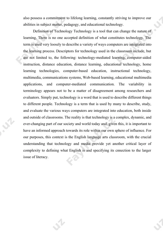 ed to describe different things to different people. technology is a term that is used by many to describe, study, and evaluate the various ways computers are integrated into education, both inside and outside of classrooms. the reality is that technology is a complex, dynamic, and ever-changing part of our society and world today and, given this, it is important to have an informed approach towards its role within our own sphere of influence. for our purposes, this context is the english language arts classroom, with the crucial understanding that technology and media provide yet another critical layer of complexity to defining what english is and specifying its cnnection to the larger issue of literacy. chapter i. the role of technology in intercultural communication and education 1.1 impact of technology on intercultural communication and education globalization and advancing technologies have placed intercultural communication at the forefront of many discussions, some …
