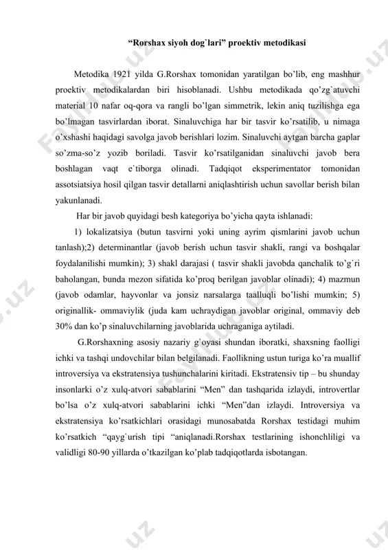 niqlanadi.rorshax testlarining ishonchliligi va validligi 80-90 yillarda o’tkazilgan ko’plab tadqiqotlarda isbotangan. sotsiometriya, referentometriya metodikalari sotsiometriya metodining asoschisi amerikalik psixolog d.j.moreno hisoblanadi. sotsiometriya yordamida guruhdagi shaxslararo munosabatlar aniqlanadi. metodika o’tkazishdan maqsad: metodika guruhdagi shaxslararo munosabatlarda simpatiya(yoqish) va antipatiya(yoqtirmaslik), guruhdagi jipslik, norasmiy munosabatlarni tadqiq qilishga mo’ljallangan. shuningdek, metodika yordamida guruhdagi norasmiy liderlar, munosabatlarni va boshqa xususiyatlarni aniqlash mumkin. metodika ikki xil shaklda o’tkaziladi. birinchi shakli noparametrik tarzda metodikani o’tkazishda sinaluvchilarga o’z guruhidan tanlaydigan kishilarning soni chegaralab qo’yiladi. sinaluvchining oldiga guruh a`zolarining ro’yxati qo’yilib, shu kishilarga o’ziga yoqish yoki yoqmaslik darajasiga qarab raqamlab chiqish taklif etiladi. noparametrik metodikaning noqulaylik tomoni shundaki, guruh a`zolari soni 15-16 tadan oshgandan so’ng sotsiometrik tanlovlar sonini hisoblash qiyinlashib qoladi. bunday vaziyatda kompyuterdan foydalanish maqsadga muvofiq. noparametrik metodikaning yana bir noqulayligi, shaxs guruhidagi 20-25ta tengdoshlarini ob`ektiv ravishda baholashga, munosabatini bildirishga qisqa vaqt ichida qiynalib, tasodifiy tanlov bajarishi mumkin. metodikaning ikkinchi shakli parametrik tarzdagi tanlovlar bo’lib, shaxsga o’zi faoliyat ko’rsatayotgan …
