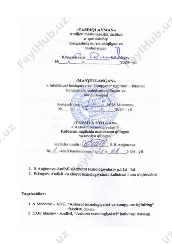 a tashqi kurilma orasida ma’lumot uzatish. 5. kompyuter tarmoqlarida ma’lumot uzatilishi. 6. kompyuter tarmoqlariga xizmat kursatish. 7. simsiz axborot o‘tkazish muxiti va ularning texnik ko‘rsatkichlari. 8. kompyuter tarmoqlarida axborot xavsizligini taminlash. 9. tarmoq protokollari. 10. tarmoqda axborot almashish usullari. 11. lokal tarmoq texnologiyalari. 12. virtual tarmoqlar. 13. global tarmoq texnologiyalari. 14. tarmoq xizmatlarining turlari va vazifalari. 15. tarmoqning aktiv qurilmalari. 16. tarmoqning passiv qurilmalari. 17. ngn yangi avlod tarmoqlari. 18. wlan tarmo’gi. 19. wwan tarmog’i. 20. wpan tarmog’i 21. marshrutlashni otganish, statik marshrutlash tamoyillari. 22. cisco packet tracerda wan tarmog’ini loyihalash va qurish. izoh: agar talabaning qiziqqan mavzusi bo’lsa, u o’qituvchi bilan kelishib, o’sha mavzuni olishi mumkin. 3. kurs ishining mazmuni va hajmi kurs loyihaga topshiriq kurs loyiha rahbari tomonidan tasdiqlangan shakl boyicha tuziladi va kafedra mudiri tomonidan tasdiqlanadi. kurs ishi tarkibi o‘z ichiga quyidagilarni oladi: · kirish · mavzuning mazmuni va mohiyati · mavzuning nazariy qismi · mavzuning tizimli …