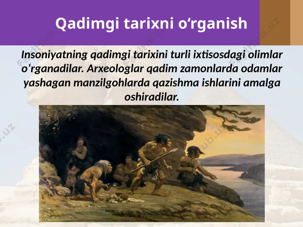 mot ham beriladi. gerodot – qadimgi yunon tarixchisi dastlabki urug‘ jamoalari ayol kishi, ya’ni ona tevaragida jipslasha boshlagan. insoniyat tarixidagi bu bosqich ona urug‘i davri – matriarxat deb ataladi. ilk ovchilar omadli ovdan so‘ng ancha keyinroq, mehnat qurollari va xo‘jalik yuritish shakllari takomillashgani sayin jamoadagi yetakchilik mavqei asta-sekin erkak kishiga o‘ta boshladi, endi u urug‘ga sardor bo‘lib qoldi. olimlar insoniyat tarixidagi bu davrni patriarxat–ota urug’i deb atashadi. eng qadimgi odamlar dastlabki mehnat qurollarini toshdan yasagani tufayli arxeologlar insoniyat tarixining boshlanishini «tosh davri» deb atashadi. tosh davri ancha uzoq davom etgan shuning uchun ham uni quyidagi bosqichlarga ajratishadi, jumladan: – qadimgi tosh davri – paleolit (yunoncha «paleos» – «qadimgi» va «litos” - “tosh” so’zlardan); – o‘rta tosh davri – mezolit (“mezos – “o‘rta”); – yangi tosh davri – neolit («neos» – «yangi»); – mis-tosh davri – eneolit (lotincha «eneus» – «mis» va yunoncha «litos» – «tosh» so’zlardan). image2.jpg image3.jpeg image4.jpeg image5.jpeg …