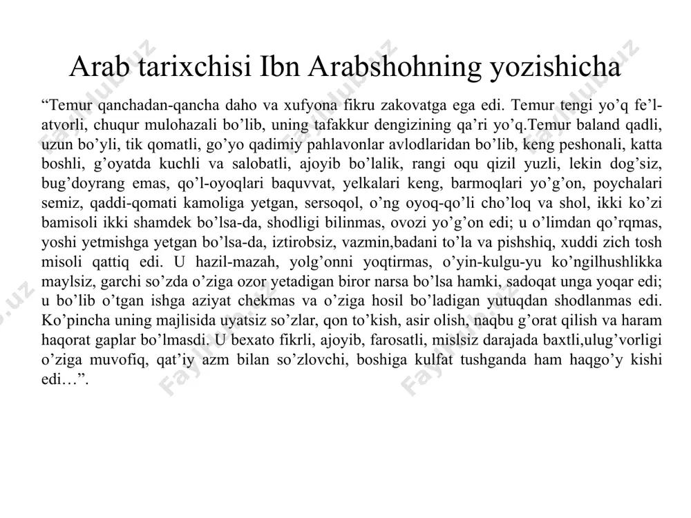 nda tabiblar ham kelib tekshirganda, haqiqatdan ham uning umri tugayotganligini aytishadi. sohibqironning atrofida to’plangan a’yonlar tabiblarni bu gaplari uchun koyiydilar, ammo amir temurning o’zi tabiblarni ochiq-oydin gapirganlari uchun maqtaydi. xalq isyon ko’tarmasligi uchun uning o’limi sir tutiladi. sohibqironning jasadi samarqandga jo’natilgach, bir kundan so’ng malikalarga ham samarqandga kelishlariga ruxsat beriladi. sharafuddin ali yazdiyning yozishicha, amir xo’ja yusuf sohibqironning jasadini 23-fevralda samarqandga yetkazib keladi va o’sha kechasiyoq marhum muhammad sulton mirzo xonaqohiga dafn etiladi. temuriy shahzodalar jahongir mirzo 1356-yil tug’ilgan. xondamir bergan ma’lumotlarga ko’ra uning onasi turmish og’o bo’lgan. jahongir mirzo yoshligidanoq harbiy sohaga qiziqishi kuchli bo’lgan. xuddi otasi kabi bir so’zli, qat’iyatli va kuchli bo’lgan. amir temur o’g’liga o’ziga ishongandey ishongan. “temur tuzuklar” da keltirilishicha, amir temur unga viloyat hokimligini beradi va o’n ikki ming otliq askarni uning ixtiyoriga topshiradi. jahongir mirzo otasini turli xil harbiy yurishlarida ishtirok etgan va unga topshirilgan qo’shin qismini mohirona tarzda boshqargan. amir temur o’z …