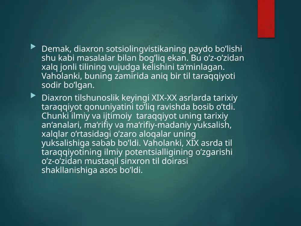 lshunoslik o'z yo'lini til sinxronligi faktlarini o'rganishdan boshlaganini aytishimiz mumkin. sinxronlik nuqtai nazaridan tilning umumiy falsafiy va xususiy masalalari va yunon-rim tilshunosligida (fonetika, nutq qismlari haqidagi ta'limot, sintaksis) muhokama qilindi. xuddi shu narsa asosan arab tilshunosligi (grammatika, leksikologiya) edi. uyg'onish davrida tilshunoslik, tirik milliy tillarga e'tibor qaratganligi, dunyoning barcha ma'lum tillarini katalog lug'atlari bilan qamrab olishga intilishi bilan tavsiflovchi sinxron edi, garchi bu davrda g'oyalar paydo bo'lgan va hatto til faktlarini tarixiy talqin qilishda aniq qadamlar qo'yilgan bo'lsa ham (tilning kelib chiqishi masalalari, so'zlarning etimologiyasi, tillar guruhlarining o'xshashliklarini ularning manbalarining umumiyligi bilan tushuntirish). diaxronik tilshunoslik-tilshunoslik tarixidagi so'nggi asrlarning onasi. xix asr va xx asr boshlari.tarixiy (qiyosiy-tarixiy) tilshunoslikning deyarli bo'linmagan hukmronligi belgisi ostida o'tdi. bu davrda til tarixiy hodisa sifatida o'rganiladi va xalq, uning moddiy va ma'naviy madaniyati bilan chambarchas bog'liq, garchi til evolyutsiyasidagi ijtimoiy omillarni aniq hisobga olish aniq bo'lmagan. xix asrda allaqachon. fan elementlari paydo bo'ladi, keyinchalik ular mustaqil …