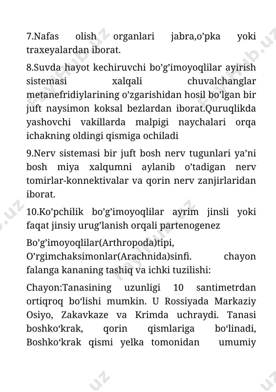hisoblanadi. biz ularning tuzilishini, joylanishini va bajaradi qisqichbaqaning qorin qismi 6 segmentdan iborat. shunga muvofiq unda 6 juft oyoqlar mavjud. bularning eng oxirgisi-oltinchi jufti suzgich plastinkalar yoki uropodalardir. ular bo‘g‘imlarga bo‘linmagan va ancha yassilangan. uropodalar qisqichbaqa tanasining oxirida joylashgan telson bilan birgalikda suzgich yoki "dum elpig‘ichi" ni hosil qiladi. uning yordamida qisqichbaqa orqa tomoni bilan oldinga qarab ham suza oladi. qisqichbaqaning qorin qismidagi hamma oyoqlari ikkita ayrichadan-ichki endopodit va tashqi ekzopoditlardan iboratdir (56-rasm). ko‘krak qismi 8 segmentdan tashkil topgan bo‘lib, ularda uch juft jag‘oyoqlar va 5 juft yurish oyoqlari joylashgan. xulosa bo’g’imoyoqlilar tipi boshqa tiplarga nisbatan keng tarqalgan bo’lib umurtqasizlar ichida murakkab tuzilgan hayvonlardir.bu tip 3 kichik tipga jabra bilan nafas oluvchilar, xеlitsеralilar va traxеyalilarga bo’linadi. traxеyalilarga ko’poyoqlilar va hasharotlar sinfi kiradi.hasharotlar – insecta 2 kеnja bo’limga bo’linadi. tashqi tuzilish, integument artropodlar ikki tomonlama nosimmetrik hayvonlardir.ularning segmentlangan tanasi va bo'g'imlari bor (shuning uchun "artropodlar" nomi bilan bog'liq). artropodlar tanasining bo'shlig'i …