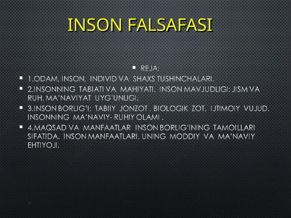 uning bilimlari eng to'g'ri va qfimmatlidir. bunday komil faylasufni arastu "o'zini tafakkur etu-vchi tafakkur", deb atagan edi. . . test savollari. 1. inson ko'p fanlar tomonidan nima sifatida qaraladi a) predmet b) vujud s)tana 2. neandertallarga oid eng muhim topilmalar qasi davlatlarda qo’lga kiritilgan a) o'zbekistonda va janubiy afrikada b) o'zbekistond, grmaniya, eron va falastinda s) o'zbekistond, janubiy afrikada, shimoli amerika va misrda 3. faylasuf va olim lyuchilio vaninl nechanchi yilda odam va maymunning qarindoshligt haqidagi g'oyani ilgari surdi. a)1610 yilda b)1611 yilda s)1612 yilda 4. 120 million yil ilgari qoldirilgan insonning eng qadimgi davrdagi izi qachon topilgan a) xx asr 60-80-yillarida b) xx asr 70-80-yillarida s) xx asr 80-90-yillarida . . etiboringiz uchun raxmat!!! . .