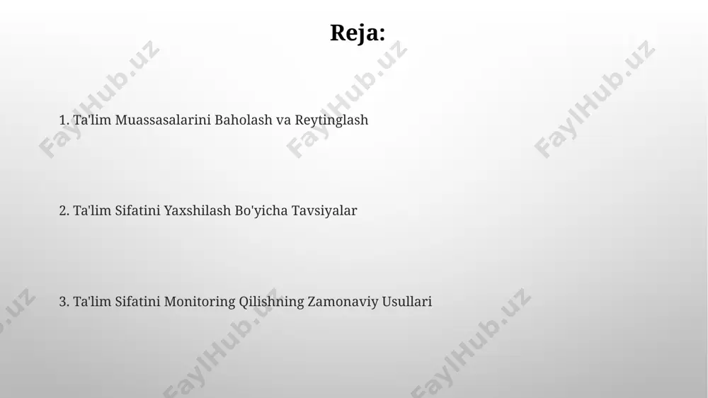 fatini monitoring qilish, 2023-yilgi hisobotlarga ko'ra, o'zbekistonning 5 ta viloyatida o'quvchilarning akademik ko'rsatkichlarini 15% ga yaxshilashga yordam berdi va bu samarqanddagi maktablarning samaradorligini oshirdi. ta'lim sifatini monitoring qilish tizimini takomillashtirish 2022-yilda o'tkazilgan milliy baholash natijalariga ko'ra, toshkent shahridagi 5 ta maktabda o'quvchilarning matematikadan o'rtacha ballari 40% dan past bo'ldi, bu ta'lim sifatini monitoring qilish tizimini takomillashtirish zarurligini ko'rsatadi. andijon viloyatida joylashgan 10 ta qishloq maktabida o'qituvchilarning malaka oshirish kurslariga qatnashish darajasi 30% ni tashkil etdi, bu esa ta'lim sifatini monitoring qilish tizimini samaradorligini oshirishga ehtiyoj borligini bildiradi. ta'lim sifatini yaxshilash bo'yicha tavsiyalar toshkent shahridagi 5 ta maktabda o'tkazilgan tadqiqotlar shuni ko'rsatdiki, interaktiv o'quv materiallaridan foydalanish o'quvchilarning bilim darajasini 15-20% ga oshirishi mumkin, shuning uchun bu uslubni keng miqyosda qo'llash tavsiya etiladi. andijon viloyati maktablarida o'quvchilarning darsga qatnash darajasi 80% atrofida, ammo o'quv jarayonining samaradorligini oshirish uchun o'quv rejasini qayta ko'rib chiqish va 10% ga innovatsion texnologiyalarni qo'shish tavsiya etiladi. milliy …