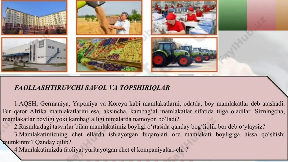 n qiymat emas. shu bois, yaimdan jami amortizatsiya ajratmasini ayirib tashlasak, sof ichki mahsulot (sim) miqdori topiladi. sim mamlakatda bir yilda yangidan yaratilgan tovar va xizmatlarning bozor narxlaridagi qiymatini ko‘rsatadi. sof milliy mahsulot (smm)ning qiymati yamm qiymatidan amortizatsiya ajratmasini ayirish yo‘li bilan topiladi. milliy daromad (md) — mamlakat aholisining bir yillik jami ish haqi, foiz, renta kabi barcha daromadlari va korxonalar foydasining yalpi yig‘indisidan iborat. u simdan barcha bilvosita soliqlarni ayirish yo‘li bilan ham aniqlanadi. turli mamlakatlardagi iqtisodiy faoliyatning samaradorligini va aholining turmush farovonligini taqqoslashda aholi jon boshiga hisoblangan yaim qo‘llaniladi. aholi jon boshiga to‘g‘ri keladigan yaim (yamm) — yaim (yamm) qiymatini mamlakat aholisi soniga bo‘lib topiladi. aholi jon boshiga to‘g‘ri keladigan yaim mamlakatdagi odamlarning turmush farovonligini i fodalovchi asosiy ko ‘rsa tkichlardan biridir. sof ichki mahsulot (sim) — yalpi ichki mahsulotdan amortizatsiya ajratmasining ayrilganiga teng. milliy daromad (md) — mamlakat aholisining bir yillik jami ish haqi, foiz, renta kabi …