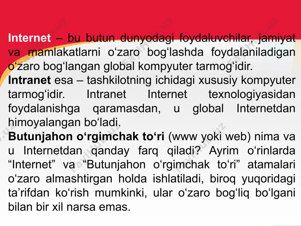haqidagi toʻliq koʻrsatma boʻlib, bir nechta qismdan iborat. texnik jihatdan url-manzil qismi hisoblanmaydigan birinchi qism foydalanilgan protokolni anglatadi (odatda http), shuningdek, https (gipermatn uzatish protokolining xavfsiz varianti) yoki ftp (fayllarni uzatish protokoli) kabi boshqa protokollarga ham ishora qilishi mumkin. 10.01-jadvalda bu bobda muhokama qilingan (va yana bir nechta) har xil protokollar keltirilgan. veb-brauzer va qidiruv mexanizmi veb-brauzerdan qanday maqsadda foydalaniladi? veb-brauzer – bu internet serveridan veb-sahifani qidirib topish va uni foydalanuvchiga namoyish qilishda foydalaniladigan dastur hisoblanadi. qidiruv mexanizmi qanday maqsadda ishlatiladi? qidiruv mexanizmi – bu milliardlab veb-sahifalarni indekslagan vebsaytdir; u internetda axborotni qidirish uchun ishlatiladi. agar har qanday qidiruv mexanizmining bosh sahifasiga oʻtsangiz, qidirish uchun kalit soʻz kiritiladigan maydonni koʻrasiz. kalit soʻzga eng muvofiq keluvchi sahifaning uzun roʻyxati hosil qilinadi. ushbu dasturiy ta’minotning o‘zaro farqi nimada? siz brauzerdan internet orqali maʼlumotga kirish uchun foydalanasiz va qidiruv tizimi sizga uni topib beradi. qidiruv tizimiga kirish va undan foydalanish imkoniga ega boʻlish …