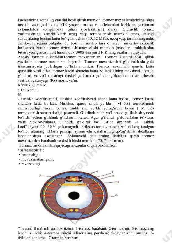 ish hosil bo‘ladi. 69-rasm. gidravlik tormoz tizimining sxemasi. 1-old g‘ildirak tormoz silindri; 2-old tormoz tizimining quvuri; 3-orqa tormoz tizimining quvuri; 4-orqa g‘ildirak tormoz silindri; 5-asosiy tormoz tizimi bachogi; 6-asosiy tormoz silindri; 7-asosiy tormoz silindri porsheni; 8-shtok; 9-tormoz pedali. g‘ildiraklardagi tormozlanishning baravar boshlanishi va tormoz pedalidagi kuch bilan tormoz mexanizmlarini ishga tushiruvchi kuchlarning o‘zaro mosliligini gidravlik yuritmaning ishlash prinsipi ta’minlab beradi. 70-rasm. diskli tormoz tizimi. 1-korpus; 2-porshen; 3-birikturuvchi trubka; 4-oldingi chap g‘ildirak tormoz diski; 5-friksion qoplamali tormoz kalodkasi; 6-porshen; 7-oldingi chap g‘ildirak ichki ishchi silindri. tormoz pedaliga ta’sir etayotgan kuch olinganda pedal prujina ta’sirida o‘zining avvalgi holatiga qaytadi. shuningdek, prujina ta’sirida asosiy tormoz silindrining porshenlari ham o‘zining avvalgi holatiga qaytadi. tormoz mexanizmidagi prujinalar xisobiga kolodkalar xam avvalgi holatiga qaytib, g‘ildirak silindrlarining porshenlari orqali suyuqlikni trubkalardan asosiy silindrga siqib chiqaradi. tormoz tizimi ishlashining ishonchliligini oshirish uchun gidravlik tormoz yuritmasi ikki konturli qilib tayyorlanadi. masalan: neksiya, vaz avtomobillarining ishchi tormoz tizimi ikki konturli …