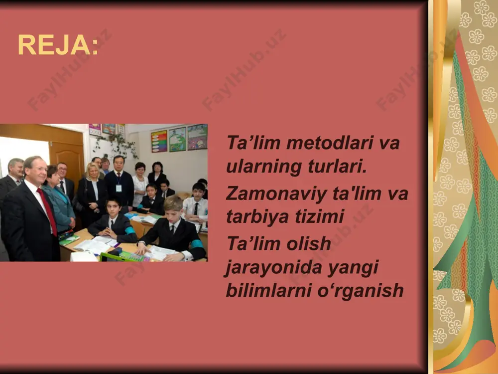 (interfaol yoki interaktiv) uslublar. o‘quvchi markazda bo‘lgan (interfaol yoki interaktiv) uslublar. bu uslublar qo‘llanilganda o‘qituvchi o‘quvchini faol ishtirok etishga chorlaydi. o‘quvchi markazda bo‘lgan yondoshuvning foydali jihatlari quyidagilarda namoyon bo‘ladi: - ta’lim samarasi yuqoriroq bo‘lgan o‘qish-o‘rganish; - o‘quvchini yuqori darajada rag‘batlantirilishi; - ilgari ortirilgan bilimni ham e’tiborga olinishi; - o‘qish shiddatini o‘quvchining ehtiyojiga muvofiqlashtirilishi. - o‘quvchining tashabbuskorligi va mas’uliyatining qo‘llab-quvvatlanishi; - amalda bajarish orqali o‘rganilishi; - ikki taraflama fikr-mulohazalarga sharoit yaratilishi; - o‘qishni sog‘lom muhitda saqlab qolinishi; - o‘qituvching yengillik yaratib beruvchi shaxsga aylanishi. o‘quvchi butun jarayon davomida ishtirok etadi. shu sababdan, o‘quvchining bilim va ko‘nikmalarini rivojlantirish uchun yetarli darajada o‘quvchilar ishtiroki va amaliyoti mavjud bo‘ladi. savol berish orqali o‘qitish usuli o‘qituvchi o‘quvchilar oldiga savollarni ko‘ndalang qilib qo‘yadi va bu bilan ularni berilgan ma’lumotni yana takrorlashga undaydi. shu tariqa ularni o‘qituvchi tomonidan qo‘llanilgan og‘zaki va boshqa aloqa uslublarini tushunib yetganliklari aniqlanadi. muhokama usuli o‘quvchilarga suhbatlashish, masalalarga oydinlik kiritish, savollar berish, shuningdek …