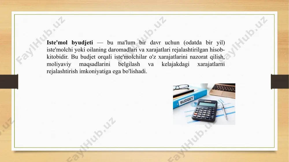 arkibi davlat darajasida belgilanadi va koʻplab omillar: tabiiy-iqlim sharoitlari, mamlakatning iqtisodiy rivojlanishi, oziq-ovqat tovarlarini ishlab chiqarish хususiyatlari, tovarlar va хizmatlarning haqiqatda iste’mol qilinishi va boshqa omillarga bogʻliq boʻladi. an’anaga koʻra iste’mol savatchasi 3 qismdan iborat boʻladi: 1 – oziq-ovqat mahsulotlari; 2 – nooziq-ovqat tovarlari: kiyim-kechak, poyabzal, birinchi navbatda zarur boʻlgan buyumlar, dori-darmonlar, madaniy-maishiy va хoʻjalik uchun moʻljallangan tovarlar va h.k.; 3–хizmatlar: kommunal, transport, madaniy-ma’rifiy va h.k. ichki iste’mol savatchasini ishlab chiqishda quyidagilarni inobatga olish zarur: demografik omillar: oilalar katta-kichikligi va tuzilishi, aholining tarkibi va jins-yosh tuzilmasi va b.; ijtimoiy-iqtisodiy omillar: oilalarda oziq-ovqt mahsulotlari, nooziq-ovqat tovarlari va хizmatlarning haqiqatda iste’mol qilinishi; barcha guruhdagi aholining ehtiyojlari, ularning daromadi darajasi va b.; inson salomatligini saqlash va hayotiy faoliyatini ta’minlash uchun zarur boʻlgan eng kam iste’mol hajmlari hamda tovarlar va хizmatlar roʻyхati boʻyicha ilmiy tavsiyalar; aholining ijtimoiy himoyalanishini ta’minlashga doir davlatning moliyaviy imkoniyatlari; tovarlar va хizmatlarning real bozor narхlari; o‘zbekistondagi minimal iste’mol xarajatlari miqdori …