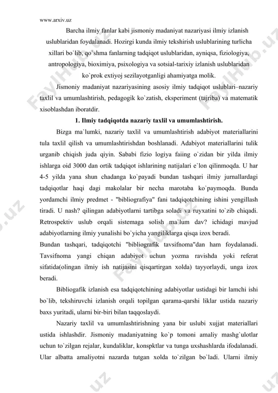 zlanish orqali topilgan qarama-qarshi liklar ustida nazariy baxs yuritadi, ularni bir-biri bilan taqqoslaydi. nazariy taxlil va umumlashtirishning yana bir uslubi xujjat materiallari ustida ishlashdir. jismoniy madaniyatning ko`p tomoni amaliy mashg`ulotlar uchun to`zilgan rejalar, kundaliklar, konspktlar va tunga uxshashlarda ifodalanadi. ular albatta amaliyotni nazarda tutgan xolda to`zilgan bo`ladi. ularni ilmiy jixatdan chukur o`rganish kutilmagan natijalarni berish mumkin. masalan, jaxonning kuchli sportchilarini tayyorlash va ularning shug`ullanish rejalarini solishtirish, malakali sportchilarning kundaliklari, xaftalik, oylik, yillik jismoniy yo`q larning xajmi, mikdori, bajarish intensivligi va boshqalar tadqiqot chiga manba bo`lishi mumkin. ilmiy tadqiqot uchun musobaqa materiallari, ko`p yillik trenirovkalarning natijalarini o`rganish ham ob`ekt bo`ladi. ilmiy maqsadda to`zilgan anketalar ham xujjat materiallari bo`lib xizmat qilishi mumkin. to`zilgan savollarga "xa" va "yo`q" deb javob berish ham ko`p xulosalarga olib keladi. 2. pedagogik kuzatish ilmiy tadqiqot uslubiyatlari. bu guruxlarga xos metodlarning ijobiy tomoni shundaki, izlanuvchining o`zi tadqiqotda aynan ishtirok etmaydi. bunga pedagogik izlanish kiradi. hayotdagi ko`zatishdan farqli ularok, …