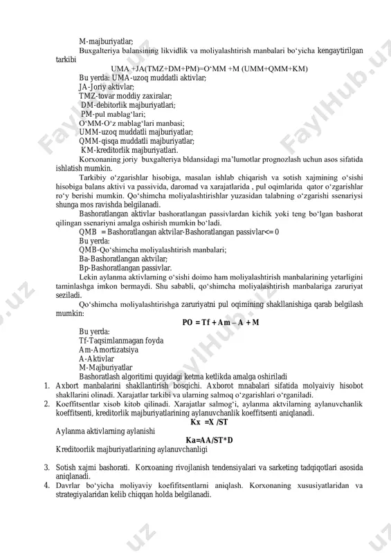 zgarishiga baho berish; -pul oqimlarining kelgusidagi kirimi va chiqimi yuzasidan mablag‘larga zaruriyatni va ortiqchalikni aniqlash orqali pul mablag‘lari balansini tuzish va uni baholash; bashoratlash kelgusida korxona moliyaviy holatini yaxshilash, iqtisodiy naflikni о‘stirish, pul mablag‘lari doimiy oqimini optimal boshqaruvini yо‘lga qо‘yishda muhim masala hisoblanadi. moliyaviy hisobot elemntlarini bashoratlash uning muxim elementlari bо‘lgan aktivlar, kapital va majburiyatlar, moliyaviy natidjalar, foyda va zararlarni prognozlashni nazarda tutadi. moliyaviy hisobot elemntlarini bashoratlash asosida korxonaning kelgusidagi aktivlari, kapitali va majburiyatlari, moliyaviy natijalari, foyda va zaradlarini oldindan kutilishini aniqlash va shunga mos ravishda ularning faoliyat va biznes rejasini belgilash, byudjetini shakllantirish imkoni tug‘iladi. moliyaviy hisobot elementlarini bashoratlash quyidagi muhim savollarga javob topishg imkonini beradi: -korxonada nimalardan va qachon pul mablag‘lari keladi? -ular nimalarga ishlatiladi? -ijobiy pul oqimlariga chiqish yuzasidan korxonaga kancha pul mablag‘lari zarur? -ushbu pul mablag‘lariga qachon zaruriyat seziladi? -pul mablag‘lari qaysi shaklda korxonalarga jalb qilinadi( xuusiy kapital kо‘payishi shaklida yoki qarz kapitali shaklida)? -keyingi davrlar …