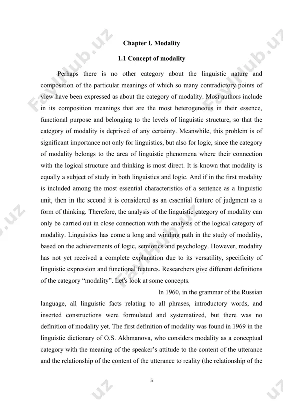 f ushakov d.n. (1996): modality - (english modality) a conceptual category with the meaning of the speaker’s attitude to the content of the statement and the relationship of the content of the statement to reality (the relationship of what is being communicated to its actual implementation), expressed by various grammatical and lexical means, such as mood forms, modal verbs, intonation, etc. [23: p. 277] . linguist v.v. vinogradov in his work “russian language” gave a broader definition of modality. it follows from it that “modality is not only a characteristic of reality and unreality, but also the attitude of the speaker to what is being expressed.” from the definition it is clear that there are two types of modality: objective and subjective, but in the text it is difficult to distinguish a clear boundary between them. many researchers believe that modality in a text is subjective. [13: p. 23] 1.2. …