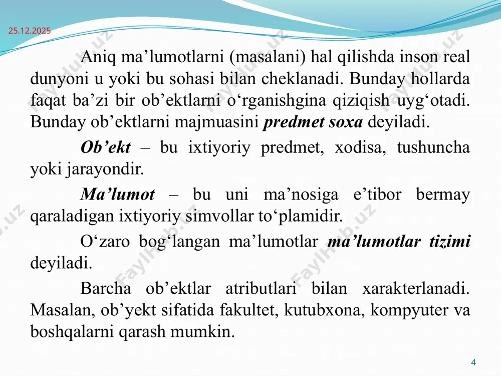 shqari strukturalashgan mblari statik va dinamik shuningdek, markazlashgan va taqsimlangan mbga bo‘linadi. mbni foydalanuvchilar soniga qarab: bitta va ko‘p foydalanuvchili mbga bo‘linadi. mbni logik(mantiqiy) va fizik tasvirlash. ma’lumotlarni tavsirlash va ular orasidagi munosabat aloqalar o‘rnatish 2 xil bo‘ladi: logik yoki mantiqiy; fizik; 15.03.2019 13 15.03.2019 fizik tasvirlashda ma’lumotlar mashinani tashqi xotirasida saqlashi bilan farqlanadi. mantiqiy tasvirlashda esa amaliy dasturchi yoki foydalanuvchi tomonidan ma’lumotlarni tasvirlash ko‘rinishi tushuniladi. fizik joylashuvi a yozuv c yozuv b yozuv a yozuv b yozuv c yozuv yozuv…. yozuv…n dasturiy vosita ajratib beradi mantiqiy yozuvlarni joylashuvi 15.03.2019 ma’lumotlar bazasini uch bosqichli arxitekturasi. ma`lumotlarning infologik mantiqiy modeli ma`lumotlarning datalogik mantiqiy modeli ma`lumotlarning fizologik modeli predmet soha administratori alohida foydalanuvchilar ma`lumotlar bazasi 15.03.2019 dastur vositalariga translyatorlar va mbga ma`lumotlarni kiritadigan, qayta ishlaydigan, saqlaydigan, takomillashtiradigan, testdan o`tkazadigan, ma`lumotlarni kiritish chiqarishni ta`minlaydigan boshqarish tizimlari kiradi.asosiy dasturlash tillari sifatida delphi, c, c++ va boshqa shu kabi dasturlash tillari ishlatiladi. mbbt ni paydo …