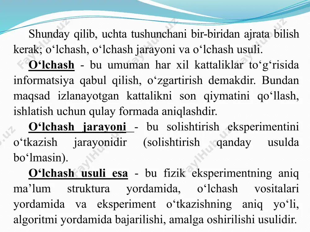 tkaziladigan o‘lchash. masalan, kalibr yordamida val diametrini moslash. har bir tanlangan usul o‘z usuliyatiga, ya’ni o‘lchashni bajarish usuliyatiga ega bo‘lishi lozim. o‘lchashni bajarish usuliyati deganda, ma’lum usul bo‘yicha o‘lchash natijalarini olish uchun belgilangan tadbir, qoida va sharoitlar tushuniladi. o‘lchanadigan kattalikning o‘lchash jarayonida o‘zgarish xarakteriga ko‘ra statik va dinamik o‘lchashlarga ajratiladi. statik o‘lchash deganda qiymati o‘lchash jarayoni mobaynida o‘zgarmaydigan kattalikni o‘lchash tushuniladi. bundan tashqari, davriy o‘zgaruvchan kattaliklarning turg‘un rejimidagi o‘lchashlar ham kiradi. masalan, o‘zgaruvchan kattalikning amplituda, effektiv va boshqa qiymatlarini turg‘un rejimida o‘lchash. dinamik o‘lchashlarga qiymatlari o‘lchash jarayonida o‘zgarib turadigan kattaliklarni o‘lchashlar kiradi. dinamik o‘lchashga vaqt bo‘yicha o‘zgaradigan kattalikning oniy qiymatini o‘lchash misol bo‘la oladi. nazorat savollari. bevosita o‘lchash deganda nimani tushunasiz? o‘lchash turlari nechtaga bo‘linadi? bilvosita o‘lchash deganda nimani tushunasiz? majmuiy o‘lchash deganda nimani tushunasiz? o‘lchash usullari nechtaga bo‘linadi? nolga keltirish usulini tushuntiring? mos kelish usulini tushuntiring? bevosita baholash usulini tushuntiring? эътиборингиз учун рахмат image2.emf image3.png image4.png image5.png o‘lchash turlari …