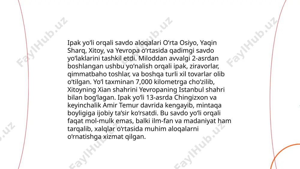 va are vital in understanding the silk road's historical significance. nadyo‘vot, qanqa, va paykent kabi joylar han o‘zining qimmatli topilmalari bilan mashhur. ... t.me/slaydai_bot 10. ipak yo‘li orqali til va adabiyot "ipak yo‘li" madaniy aloqalarni rivojlantirgan qadimiy savdo yo‘lidir. bu yo‘l nafaqat savdo, balki til va adabiyotning ham yoyilishiga katta hissa qo‘shgan. "ipak yo‘li" orqali ko‘plab til va adabiyot namunalarining evropaga, osiyoga va boshqa hududlarga tarqalishi amalga oshirilgan. yozma manbalar, kitoblar, qo‘lyozmalar bu yo‘l orqali madaniyatlarni boyitishda muhim rol o‘ynagan. masalan, arab, fors va turk tillarida yaratilgan asarlar ushbu yo‘l orqali boshqa tillarga tarjima qilingan va qadimiy adabiyotning yetuk namunasi sifatida dunyoga yoyilgan. bu jarayon tillarning rivojlanishi va madaniyatlararo muloqotning mustahkamlanishiga olib kelgan. ... t.me/slaydai_bot "ipak yo‘li" yoki great silk road qadimiy savdo tarmog‘i bo‘lib, osiyo, yevropa va afrika oralig‘idagi savdo aloqalarini rivojlantirish uchun xizmat qilgan. ushbu savdo yo‘llari miloddan avvalgi ii asrdan boshlab rivojlanib, milodiy xv asrgacha davom etgan. …
