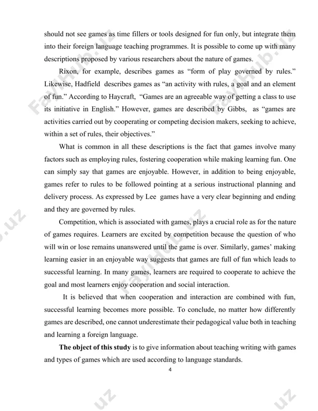 ive more and more when playing in other courses" . in other words, the games stimulate the interest of students in the classroom activities and, as a result, students are motivated and ready to learn. another advantage associated with the games is that the fear of the student related to language learning, when games are used. in language classes, students feel stressful, because they think they have to dominate the target language that is unknown to them. in addition, students are criticized too frightened and punished by their teachers when they make a mistake. games are beneficial at this point because they reduce the fear of increasing positive feelings and trust, because students did not fear punishment or criticism, while practicing the objective of practicing language. games are activities that focus on students who need the active participation of students. in crookall opinion, students and teachers change their roles and …