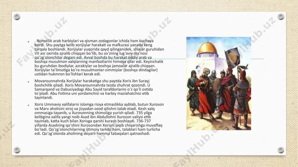 ik va arablarni o‘rta osiyodan haydab chiqarish g‘oyalarini targ‘ib etar edi. muqanna ta’limoti sug‘d, iloq (oxangaron), shoshda ham yoyila boshladi. qo‘zg‘olonda turli ijtimoiy guruhlar vakillari qatnashib, ularni bir fikr- istilochilarini mamlakatdan haydab chiqarish, mustaqil davlat barpo qilish g‘oyasi birlashtirib turar edi. qo‘zg‘olonga zarba berish uchun xalifa abu ja’far 776 yilda jabroil ibn yahyo boshliq katta harbiy kuchni movarounnahrga yuboradi. biroq jabroil qo‘zg‘olonchilardan engiladi. u katta talofatlar berib bazo‘r samarqandga etib keladi. 10.000 askar bilan jabroilga yordamga yuborilgan uqba ibn salim kesh va samarqand oralig‘ida, g‘ariga boshliq 14.000 kishilik qo‘shin termiz yaqinida qo‘zg‘olonchilar tomonidan tor-mor keltiriladi. natijada chag‘oniyon qo‘zg‘olonchilar qo‘liga o‘tadi. muqanna oz davrida abu muslim isyonida ham ishtirok etgan edi qo‘zg‘olon markazi narshaxda, buxoro atrofida joylashadi. shu yili narshax yaqinida buxoro hokimi xusayn ibn muvoz va samarqand noibi jabroilning birlashgan qo‘shini o‘rtasida to‘rt oy jang bo‘ladi. “oq kiyimlilar” bu jangda qo‘llari avval ustun keladi, keyinchalik son jihatdan ko‘p bo‘lgan arablar …