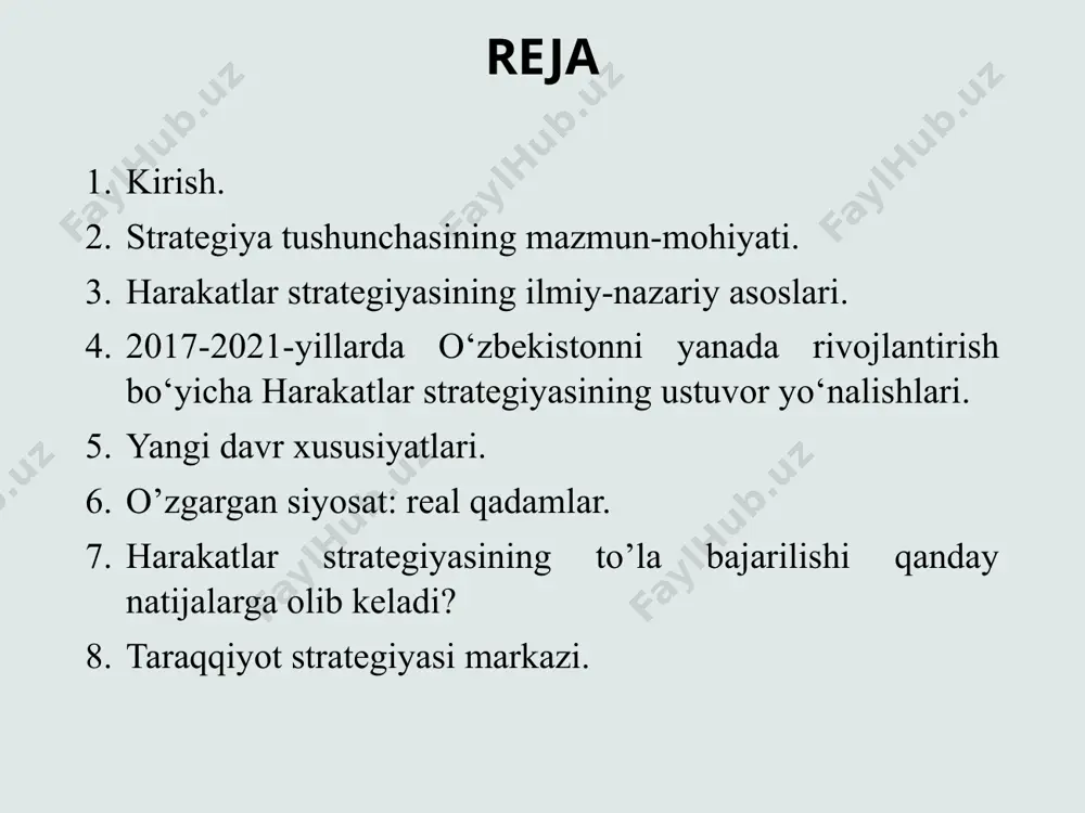 qo‘yishi hamda uni amalga oshirish salohiyatlari bilan jahon hamjamiyatida munosib o‘rin egallaydi. bugun o‘zbekiston ham o‘z tarixining ana shunday mas’uliyatli chorrahasida turibdi, desak, mubolag‘a bo‘lmaydi. binobarin, prezident shavkat mirziyoev tomonidan ishlab chiqilgan harakatlar strategiyasi istiqbolimiz taqdirini hal etuvchi muhim va yangi davr bosqichini ifodalovchi milliy g‘oyaga aylanmoqda. xo‘sh, strategiya nima? u xalqning maqsadlarini qanday ta’minlaydi? tanlagan maqsadlarning istiqbollari nimalarda namoyon bo‘ladi? стратегия нима-? режалаштирилган, узоқ муддатга мўлжалланган йўл harakatlar strategiyasining ilmiy-nazariy asoslari 1. harakatlar strategiyasi xalqchillik, insonparvarlik, bag‘rikenglik va ezgulik g‘oyalariga tayanadi. ijtimoiy, siyosiy va iqtisodiy jarayonlarni baholash va ularga yondashishda milliy va umuminsoniy qadriyatlar uyg‘unligining ustuvor ahamiyatga ega ekani haqidagi nazariyaga asoslanadi. ma’lumki, dunyoda azaldan ikki omil kurashi, ya’ni kuchni hurmat qilish madaniyati hamda mehrni, yaxshilikni hurmat qilish madaniyati o‘rtasida tortishuv davom etib keladi. 2. kuchni hurmat qiladigan madaniyat nazariyotchilari “maqsadga erishish uchun har qanday vositadan foydalanish mumkin, chunki natija vositani oqlaydi” degan tamoyil asosida ish tutsa, mehrni hurmat …