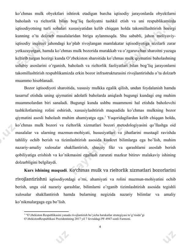h, · ko’chmas mulk va rieltorlik xizmatlari bozori infratuzilmasining tarkibiy qismlari yoritish; · rieltorlik tashkilotining ko’chmas mulk obyektlarini ishonchli boshqarish xizmati yoritib berish; · o’zbekiston va jahon ko’chmas mulk bozorlari,ularda rieltorlikning rolining tahlili; · pandemiya davrida ko’chmas mulk bozori: hozirgi tendentsiyalari va prognozlari tahlili , · ko’chmas mulk va rieltorlik xizmatlari bozori infratuzilmasini rivojlantirish muammolar , hal etish yo’llari va rivojlantirish yo’llari va bosqichlarini amaliy tahlil qilib chiqamiz. bitiruv malakaviy ishining obyekti . bitiruv malakaviy ishining obyekti ko’chmas mulk bozori va rieltorlik xizmatlari bozori. bitiruv malakaviy ishning predmeti. ko’chmas mulk bozori va rieltorlik xizmatlari bozorida amalga oshiriladigan mulkiy munosabatlar. bitiruv malakaviy ishi tarkibining qisqacha tavsifi. bitiruv malakaviy ishi tarkibiy jihatdan kirish, uchta bob, xulosa, foydalanilgan adabiyotlar ro’yhatidan iborat. ishning kirish qismida mavzuning dolzarbligi, predmeti va obyekti, ishning maqsadi va vazifalari, nazariy-amaliy ahamiyati hamda malakaviy ish tarkibining qisqacha tavsifi yoritilgan. ishning i bobida ko’chmas mulk bozori va rieltorlik xizmatlari bozorinig nazariy, …