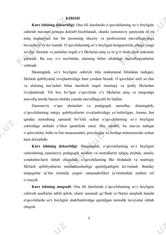 irish. tadqiqot natijalarini tahlil qilish: so‘z boyligini oshirish usullarining samaradorligini o‘quvchilar misolida sinovdan o‘tkazib, natijalarni tahlil qilish. bu maqsad va vazifalar asosida kurs ishi yozilishi osonlashadi va aniq yondashuvlar ishlab chiqishga imkon beradi. kurs ishining obyekti: bu tadqiqot yoki ishda o'rganilayotgan umumiy masala yoki hodisa. boshqacha aytganda, obyekti kurs ishining asosiy yo'nalishini belgilaydi. obyekt - bu ilmiy ishning asosiy predmetiga taalluqli bo‘lib, u orqali muammo yoki savol o'rganiladi. kurs ishining predmeti: bu o‘rganilayotgan obyektdagi aniq bir jihat yoki masala. ya’ni, predmeti o'rganish orqali siz obyektdagi muammo yoki jarayonni chuqurroq tahlil qilasiz. predmet - bu obyektdan tortib olingan aniq, xususiyroq va o'rganish uchun tanlangan bo'limdir. kurs ishida obyekt umumiy tushuncha yoki soha, predmet esa aniq tadqiq qilinadigan masala yoki jihatni anglatadi. i.bob. so‘z boyligini oshirishning nazariy asoslari 1.1. so‘z boyligi tushunchasi va uning ahamiyati so‘z boyligini oshirish ta’limda juda muhim ahamiyatga ega, chunki bu nafaqat tilni ravon va aniq ishlatish imkonini …