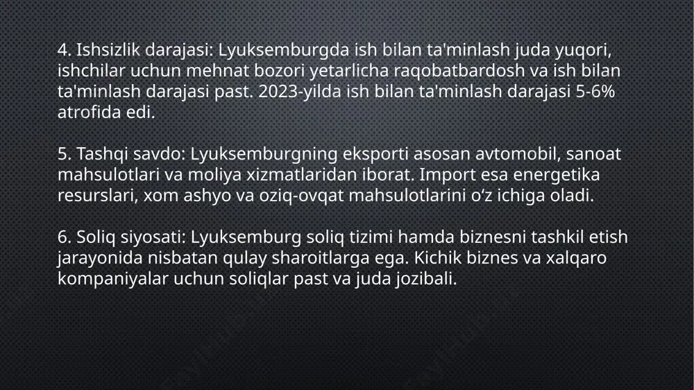 l iqtisodiyot va innovatsiyalar: lyuksemburg ekologik barqarorlikka katta ahamiyat berib, qayta tiklanadigan energiya manbalarini rivojlantirishga sarmoya kiritmoqda. yashil energiya va texnologiyalar bo‘yicha yangi imkoniyatlar ochilmoqda. 2. turizmni rivojlantirish: lyuksemburgning tarixiy va madaniy boyliklari turizm uchun katta imkoniyatlar yaratadi. bu sohada rivojlanish uchun imkoniyatlar mavjud, chunki mamlakatning sayyohlik salohiyati hali to‘liq ochilmagan. 3. xalqaro biznes va investitsiyalarni jalb qilish: lyuksemburgning moliyaviy sektorini rivojlantirish va xorijiy investitsiyalarni jalb qilishda yangi imkoniyatlar mavjud. soliq imtiyozlari va biznes uchun qulay sharoitlar uni xalqaro investitsiyalar uchun jozibador qiladi. tahdidlar (threats) 1. xalqaro raqobat: lyuksemburgning moliyaviy sektori va biznes uchun qulay sharoitlari boshqa mamlakatlar tomonidan ham qo‘llanilmoqda, shuning uchun u global raqobatga duch kelishi mumkin. 2. iqlim o‘zgarishi va ekologik xavf: ekologik tahdidlar va iqlim o‘zgarishi lyuksemburgda yashil energiya va barqaror rivojlanish jarayonlariga bo‘lgan talabni oshirishi mumkin, lekin bu jarayonlar jadal rivojlanayotgan texnologiyalarni talab qiladi va yirik sarmoyalarni jalb etishni talab qiladi. 3. ishsizlik darajasi va …
