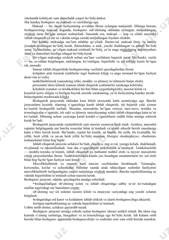 uklari va majburiyatlarini belgilash; 10. boshqaruv idoralarini xozirgi zamon texnika va texnologiyasi bilan ta’minlash, ular faoliyatida statistik va iqtisodiy-matematik usullarni keng mikyosda joriy etish, axborot ta’minoti va boshqaruv jarayonida ishlatiladigan xujjatlashtirish tizimini takomillashtirish; 1. jamoani boshqarishning eng yaxshi shakl va usullarini izlab topish xamda ularni ishlab chiqarish boshqaruvida joriy etish; 2. sanoat va uning barcha tarmoqlarini boshqarishda xorijiy mamlakatlarning ilg‘or tajribalaridan keng mikyosda foydalanish. boshqaruv ilmi (menejment)da boshqaruvning ikki xil tushunchasi mavjud bulib, ularning birini boshqaruvning sub’ekti va ikkinchisini boshqaruvning ob’ekta tashkil etadi. boshqaruv sub’ekti — jismoniy yoki yuridik shaxslar bulib, undan amaldagi konunlar asosida xokimiyat idoralari tomonidan berilgan vakolatlarga muvofik xukukiy ta’sir yuzaga keladi. boshqaruv ob’ekti — boshqaruv sub’ektining xukukiy ta’siri qaratilgan narsadir. bunga ishlab chiqarish va xo‘jalik tizimlari, ijtimoiy-iqtisodiy jarayonlar, jismoniy va yuridik shaxslar kirishi mumkin. ko‘rinib turibdiki, u xolatda xam, bu xolatda xam insonlarni boshqarish ularning o‘zi tomonidan amalga oshiriladi. fakat kishilar, ularning faoliyati, jumladan, maxsulot ishlab …