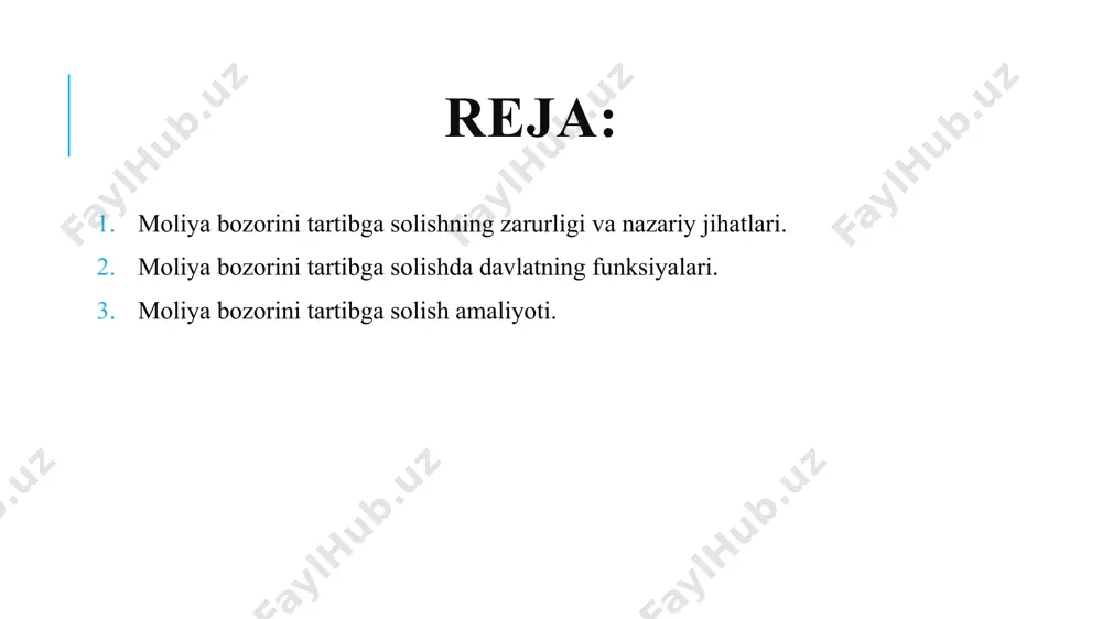 li joylashtirish muhim omillardan biridir. qoʻyilgan har ikkala vazifani ijobiy hal qilishda moliya bozorining amal qilish mexanizmi yordamga keladi. moliya bozorida pul, kredit, qimmatli qogʻozlar, valyutalar, su-gʻurta polislari, pensiya jamgʻarmalari moliya bozorida pul, kredit, qimmatli qogʻozlar, valyutalar, su-gʻurta polislari, pensiya jamgʻarmalari, qimmatbaho metallar, hosila-viy moliyaviy instrumentlar va boshqalar maxsus tovar sifatida muomalada boʻladi. bunda tijorat banklari, birjalar, jamgʻarma institutlari, jamoaviy investitsiyalash kompaniyalari va boshqalar asosiy vositachilar sifatida koʻzga tashlanadi. moliya bozorida capital-ga boʻlgan talab va taklif asosida vositachilar yordamida kapitalni kreditor va qarz oluvchi oʻrtasida qayta taqsimlash mexanizmi amal qiladi. moliya bozorini tartibga solishning zarurligi va nazariy jihatlari. moliya va uning alohida segmentlari hisoblangan qimmatli qo-gʻozlar bozori, valyuta bozori, hosilaviy qimmatli qogʻozlar bozori boʻyicha yangiliklar, mish-mishlar, dunyo miqyosida yoki alohida mamlakatdagi siyosiy yoki iqtisodiy holatlarning oʻzgarishi, fors-major holatlari (katastrofalar, avariyalar, ob-havo bilan bogʻliq holatlar) moliyaviy intrumentlar bahosida ham oʻz aksini koʻrsatadi. oʻz navbatida bu jihatlar bozor ishtirokchilari, investorlar, emitentlar moliyaviy …