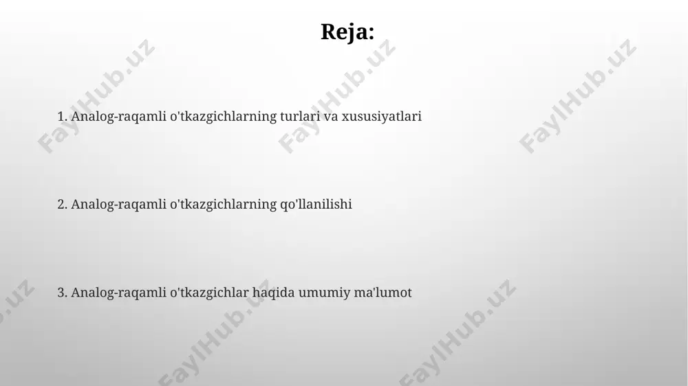 esa shovqin darajasini ham aks ettiradi. adc ning aniqligi bit soni bilan belgilanadi; masalan, 12-bitli adc 4096 ta turli darajadagi analog signallarni raqamli qiymatlarga aylantirishi mumkin. adc ning qo'llanilishi adclar audio signallarni raqamli formatga o‘tkazishda qo‘llaniladi, bu esa 16 bitli yoki undan yuqori aniqlikdagi tovush sifati ta’minlash imkonini beradi va raqamli audio ishlov berish tizimlarida muhim ahamiyatga ega. tibbiyotda, masalan ekg (elektrokardiogramma) apparatlarida, adclar yurak urishining 1000 hz gacha chastotali analog signallarini raqamli ma’lumotlarga aylantirib, diagnostika uchun ishlatiladi. adc sxemalari va arxitekturalari delta-sigma adc lar yuqori aniqlik (16-bit va undan yuqori) olish uchun past chastotali namunalarni ortiqcha namunalashdan foydalanadilar va bu ularni audio va sensor tizimlarida mashhur qiladi. adc sxemalarining asosiy turlari orasida yaqinlashtirish, delta-sigma va parallel (flash) konvertorlar mavjud bo'lib, ularning har biri 8-bitdan 24-bitgacha aniqlikka ega bo'lishi mumkin. analog signallarni raqamli signallarga aylantirish jarayoni analog signalni raqamli signalga aylantirish jarayoni, adc ning aniqligi (resolution) bilan belgilanadi, masalan, 8-bitli …