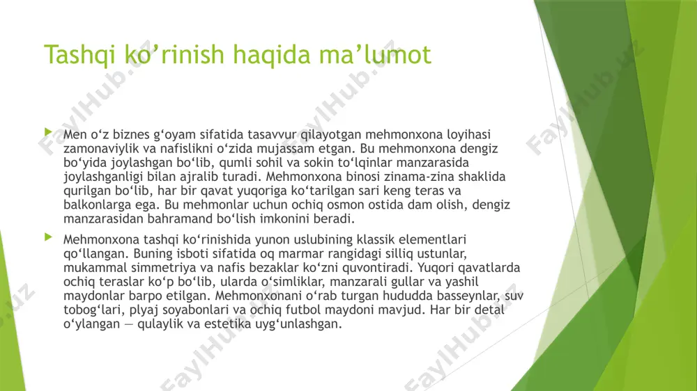 qilib bezatilgan. unda barokko uslubining oltin rangdagi naqshlari, ustunlari va ulkan qandillari nafislik bag‘ishlaydi. shu bilan birga, minimalizm uslubida yaratilgan oddiy, chiroyli stollar va zamonaviy, qulay kreslolar mukammal uyg‘unlik hosil qilgan. pol marmardan yasalgan, oynavand derazalar yorug‘likni to‘liq ta’minlaydi. bu zal mehmonlarga o‘zini qirollardek his qilish imkonini beradi va ayni paytda zamonaviy shinamlikni ham taqdim etadi. e’tiboringiz uchun rahmat image1.jpg image2.jpg image3.jpg image4.jpg image5.jpg /docprops/thumbnail.jpeg